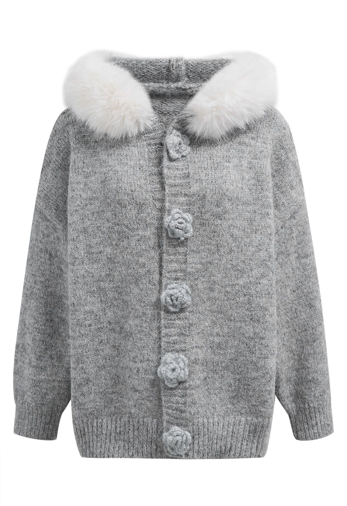 Stitch Rose Button Faux Fur Hooded Knit Cardigan in Grey