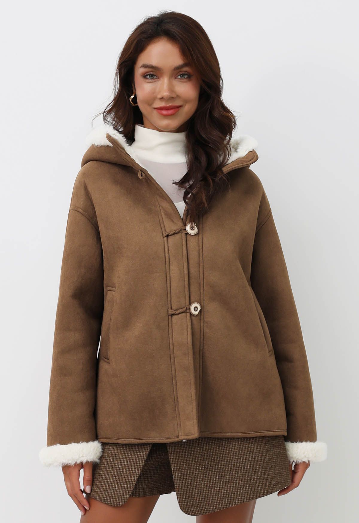 Faux Suede and Fur Hooded Coat with Gloves