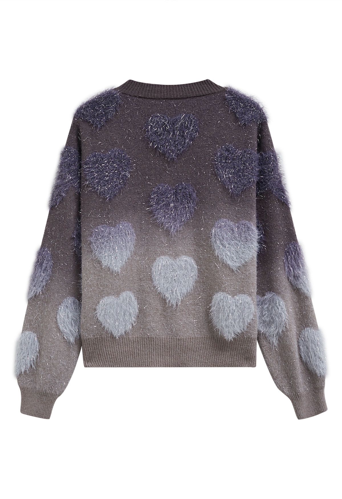 Ombre Fuzzy Heart Fringe Knit Sweater in Smoke