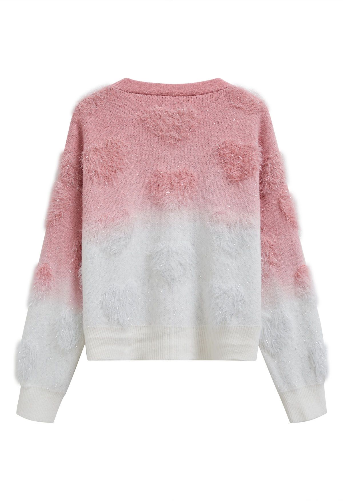 Ombre Fuzzy Heart Buttoned Knit Cardigan