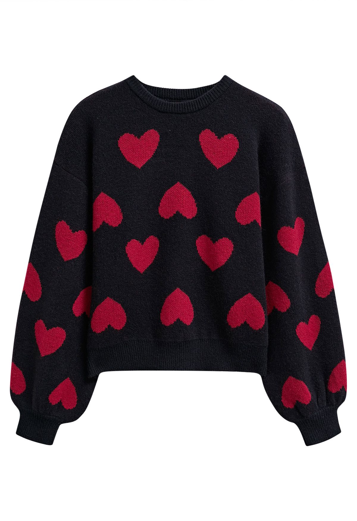 Cherished Heart Puff Sleeves Knit Sweater in Black