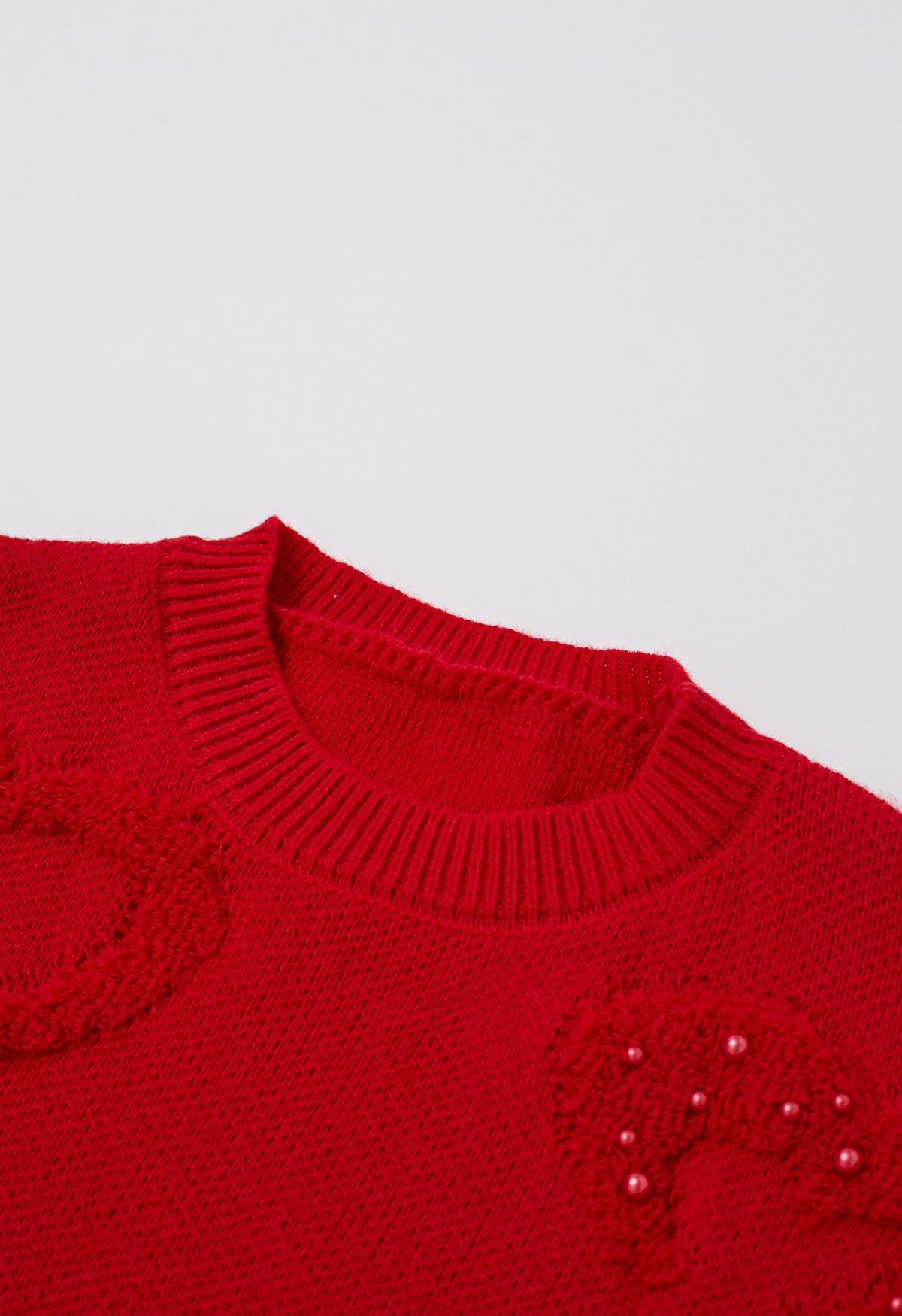 Pearl Trim Heart Jacquard Oversized Knit Sweater in Red