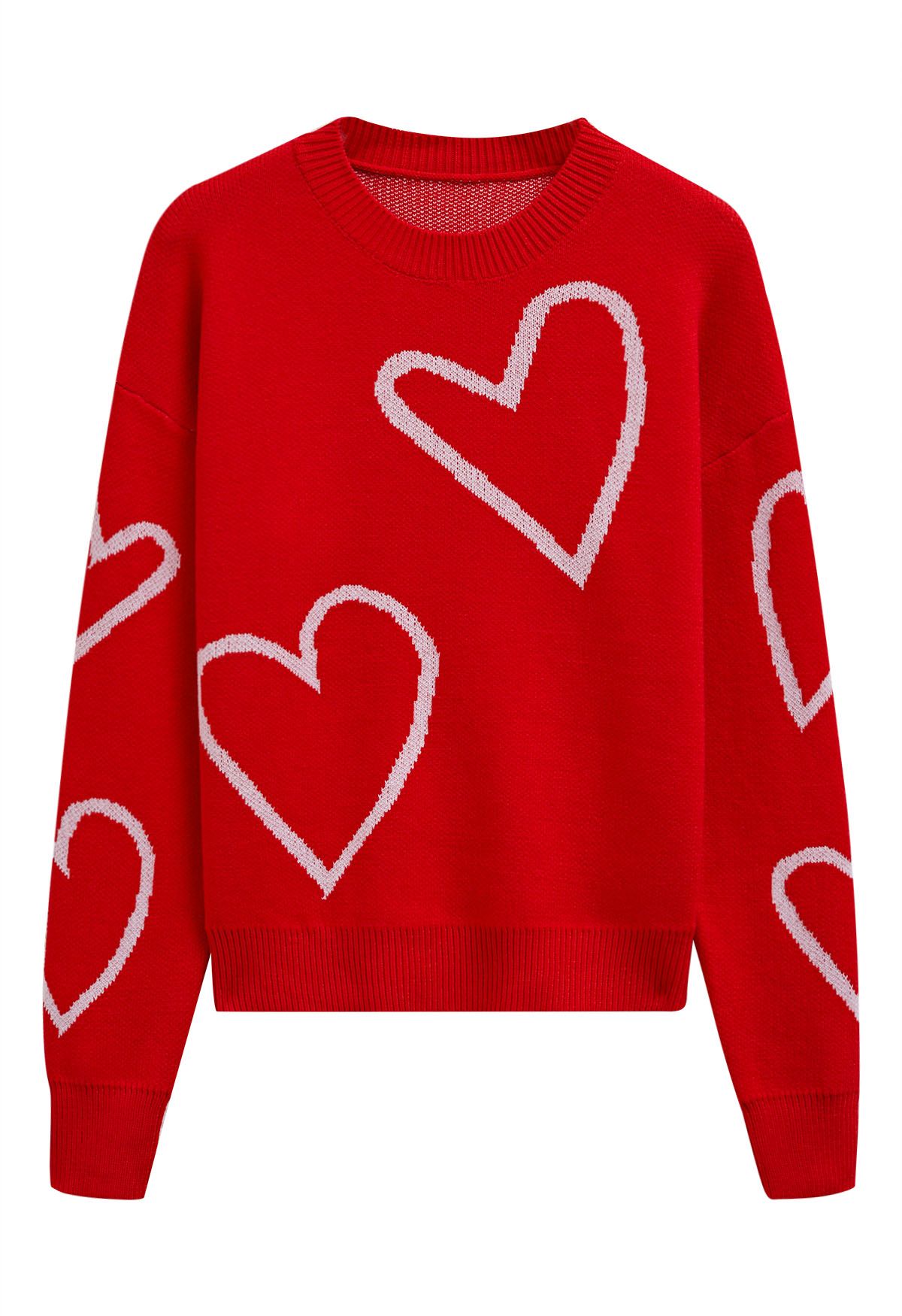 Heart Doodles Crew Neck Knit Sweater in Red