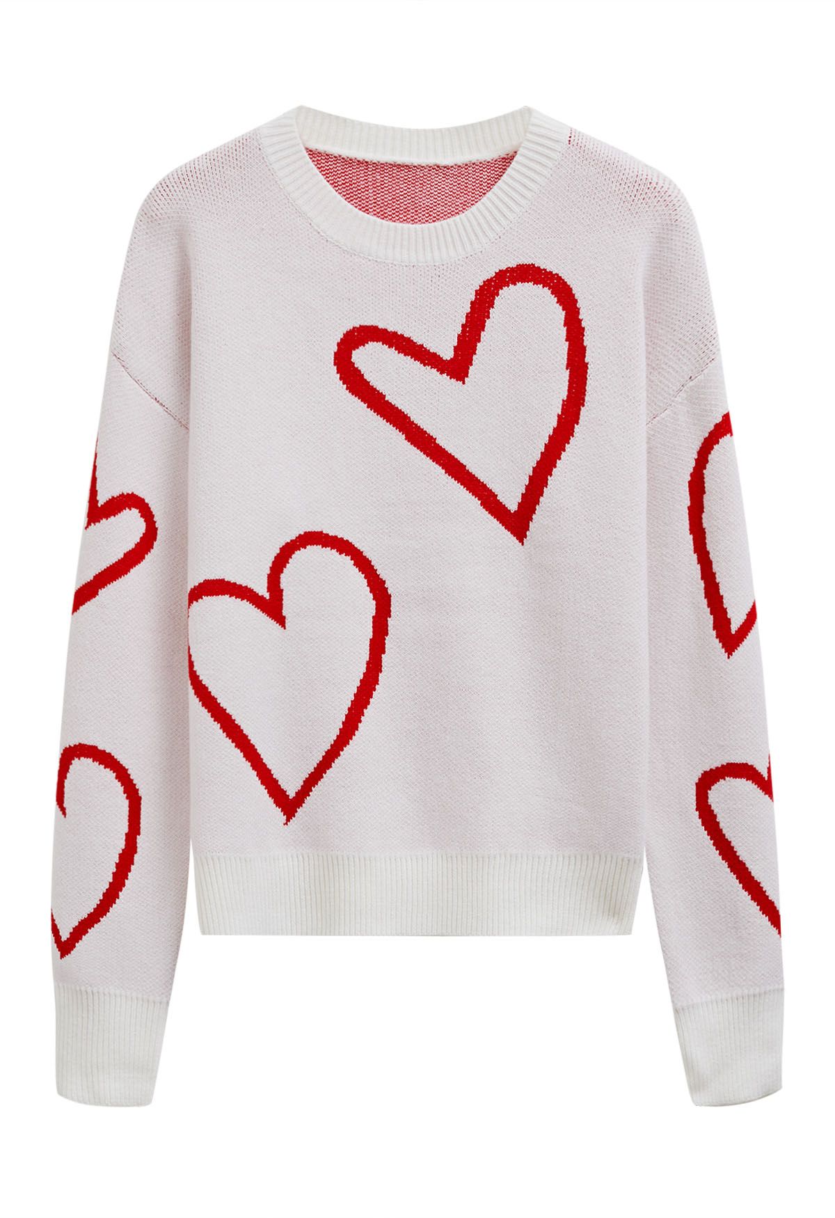 Heart Doodles Crew Neck Knit Sweater in White