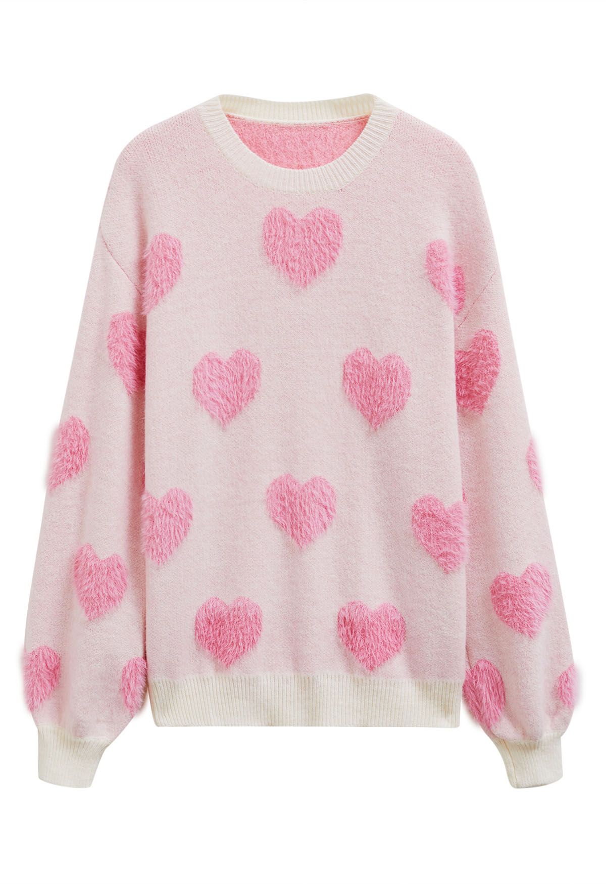 Contrast Fuzzy Heart Crew Neck Knit Sweater in Light Pink