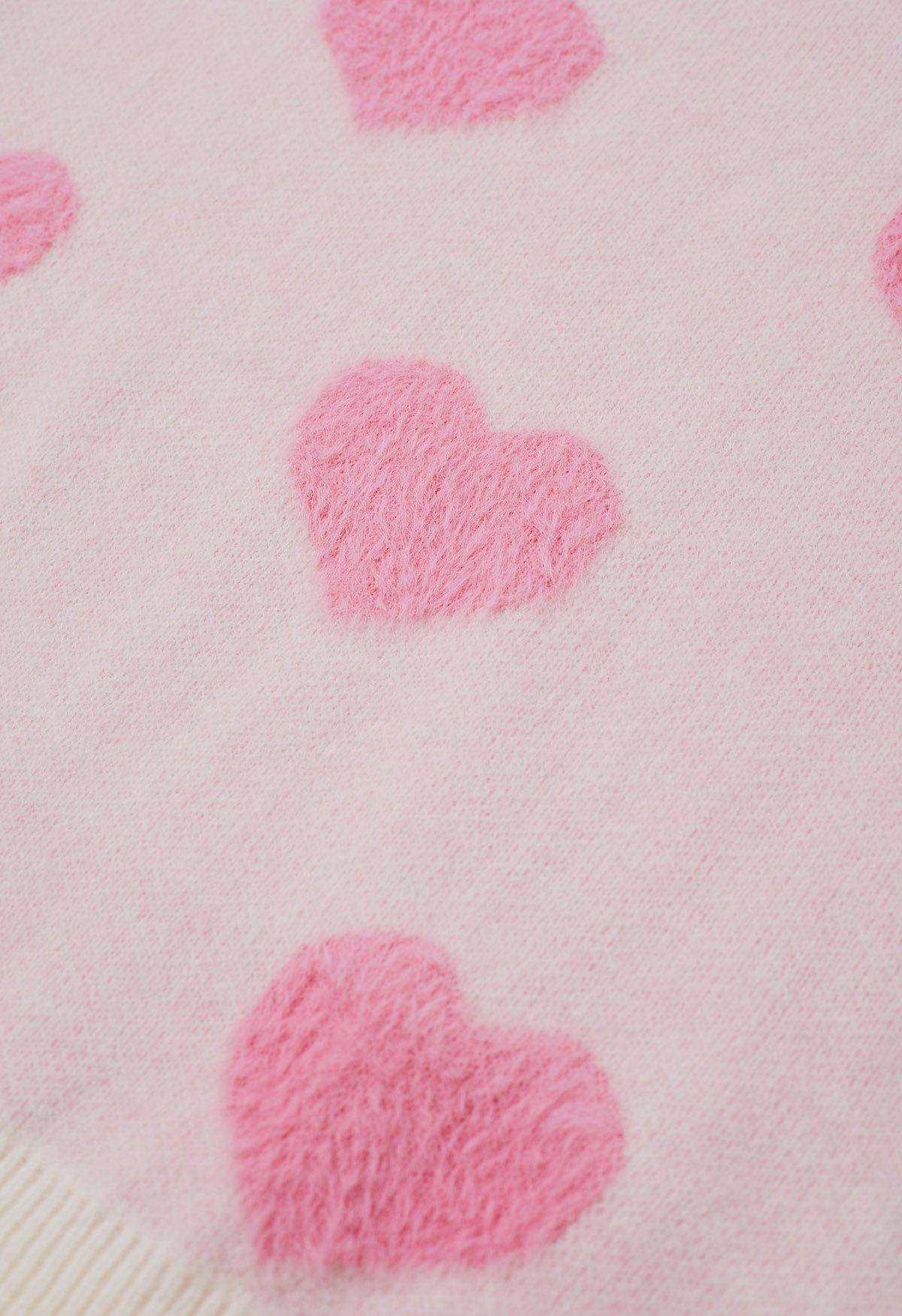 Contrast Fuzzy Heart Crew Neck Knit Sweater in Light Pink