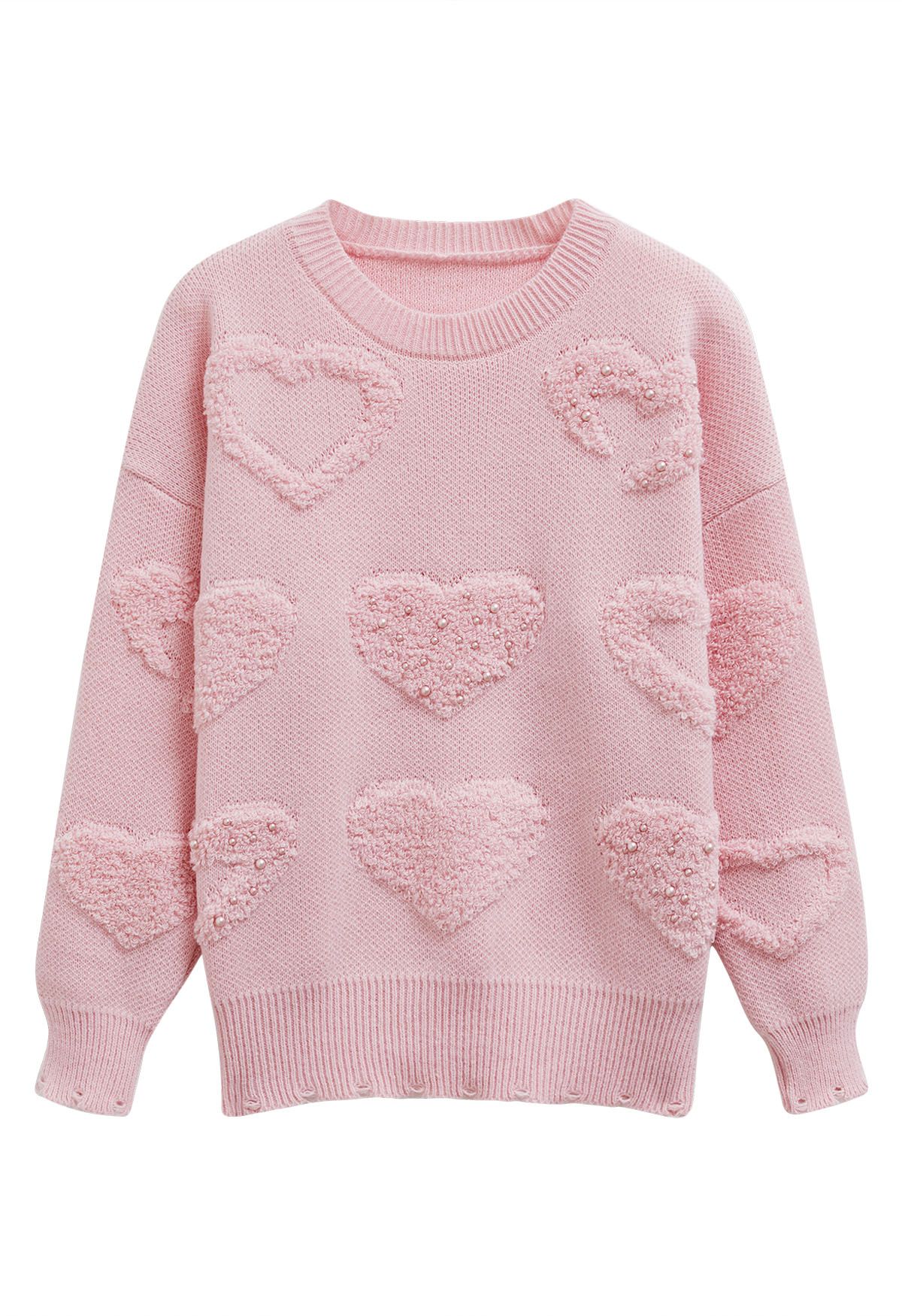 Pearl Trim Heart Jacquard Oversized Knit Sweater in Pink