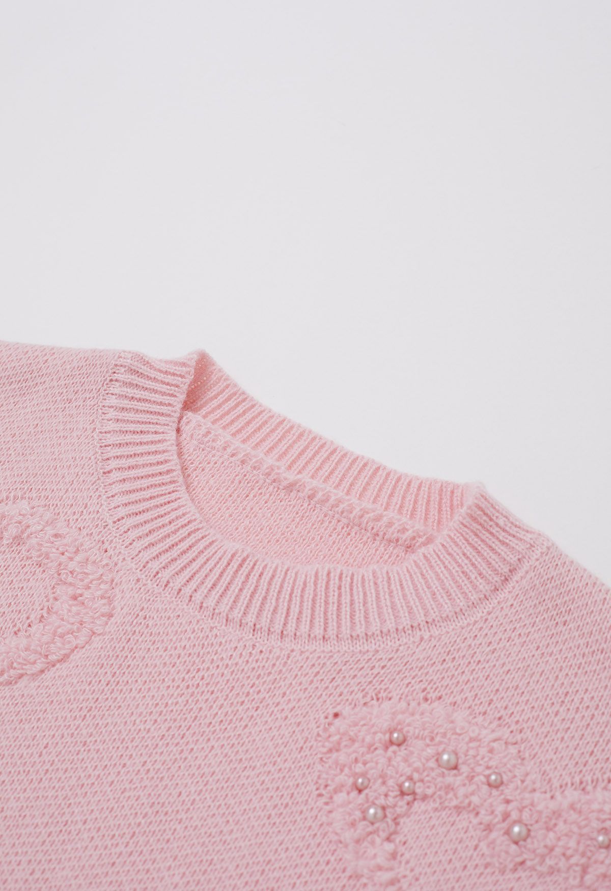 Pearl Trim Heart Jacquard Oversized Knit Sweater in Pink