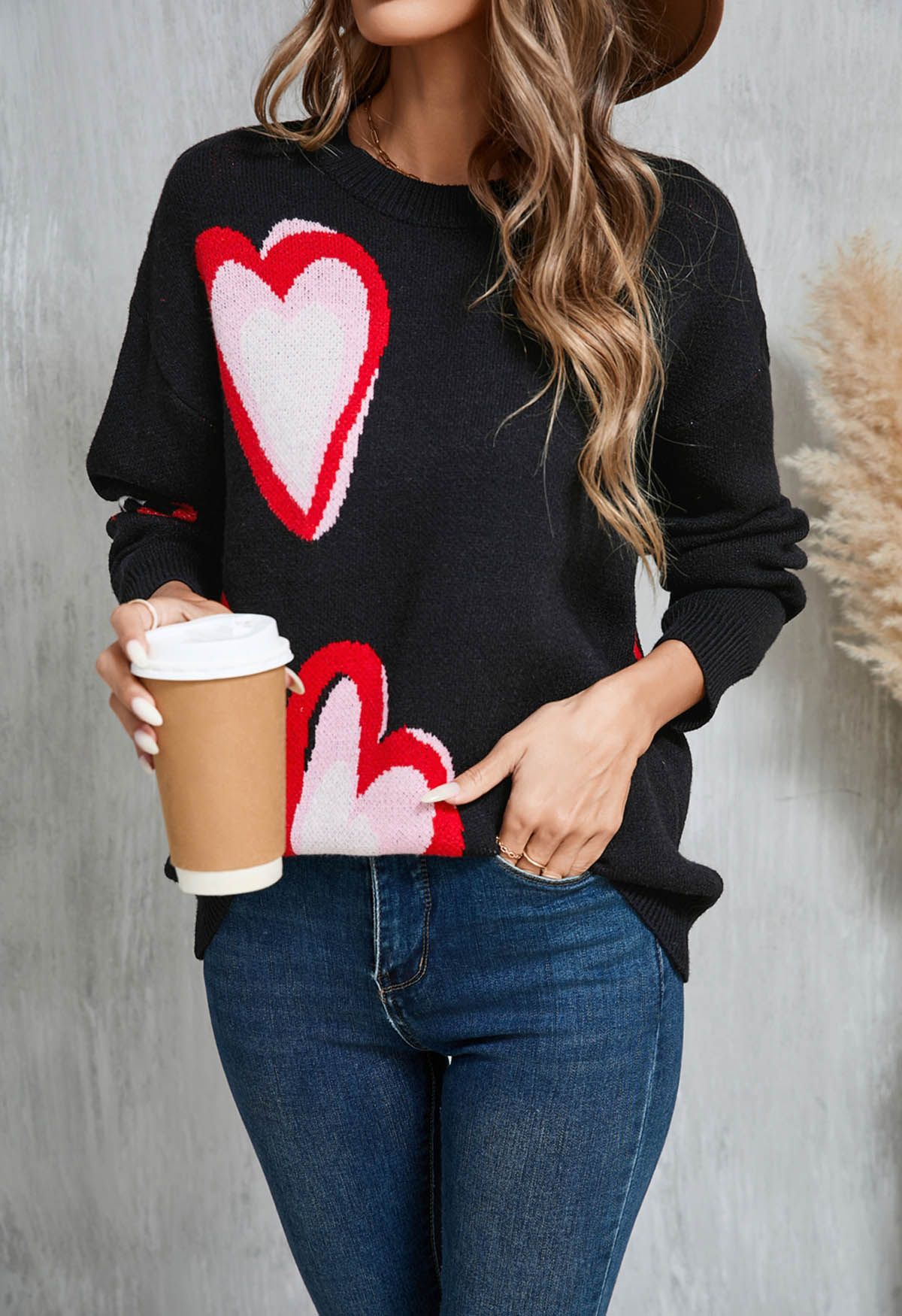 Heart Fluttering Crew Neck Knit Sweater in Black