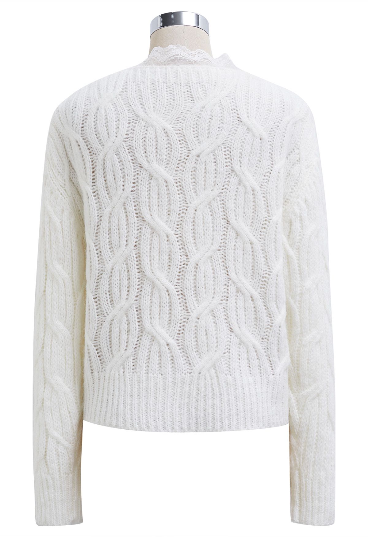 Lace Trim Crisscross Cable-Knit Sweater in White