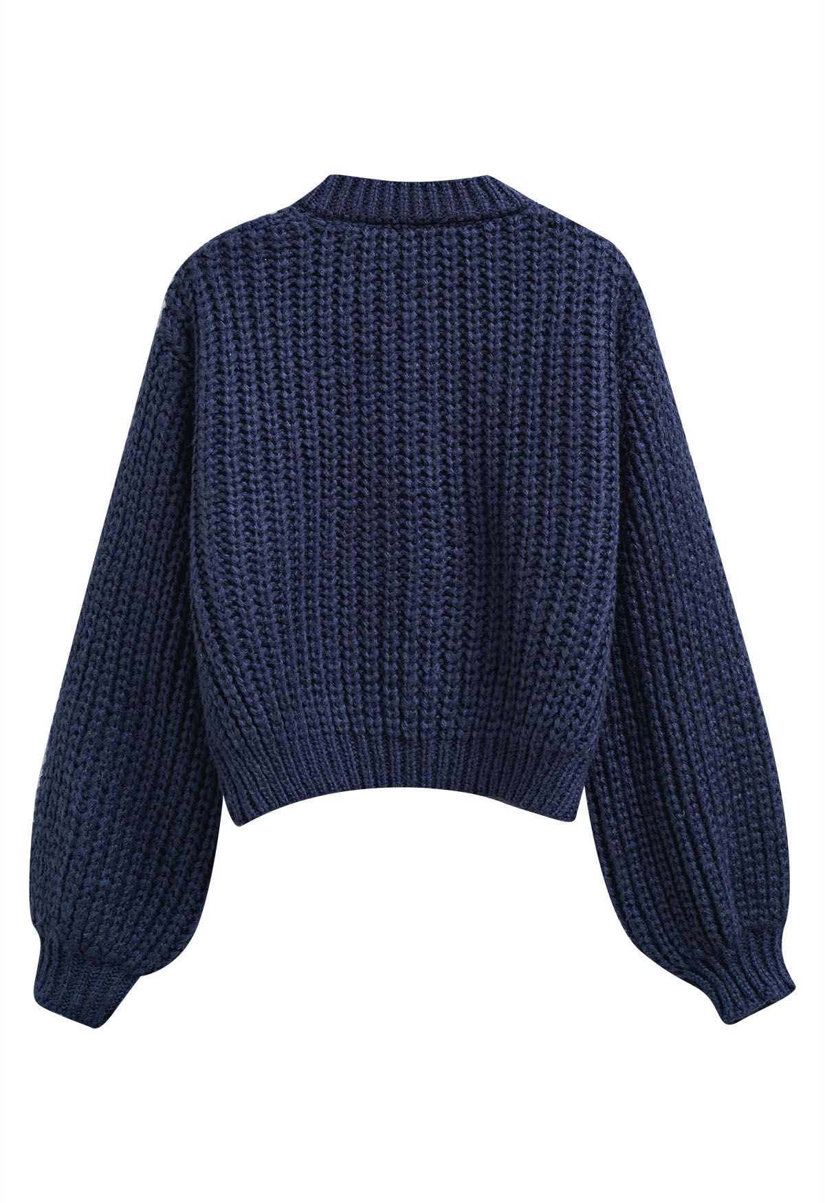 Puff Sleeves Buttoned Crop Chunky Knit Cardigan in Navy