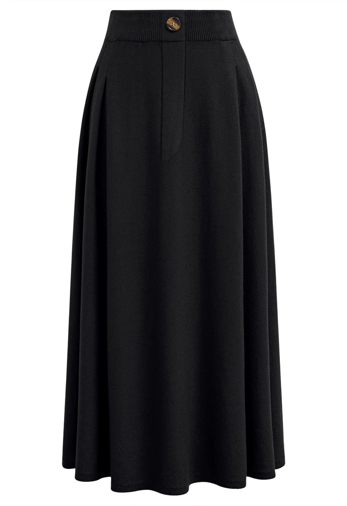 Button Adorned Knit Midi Skirt in Black