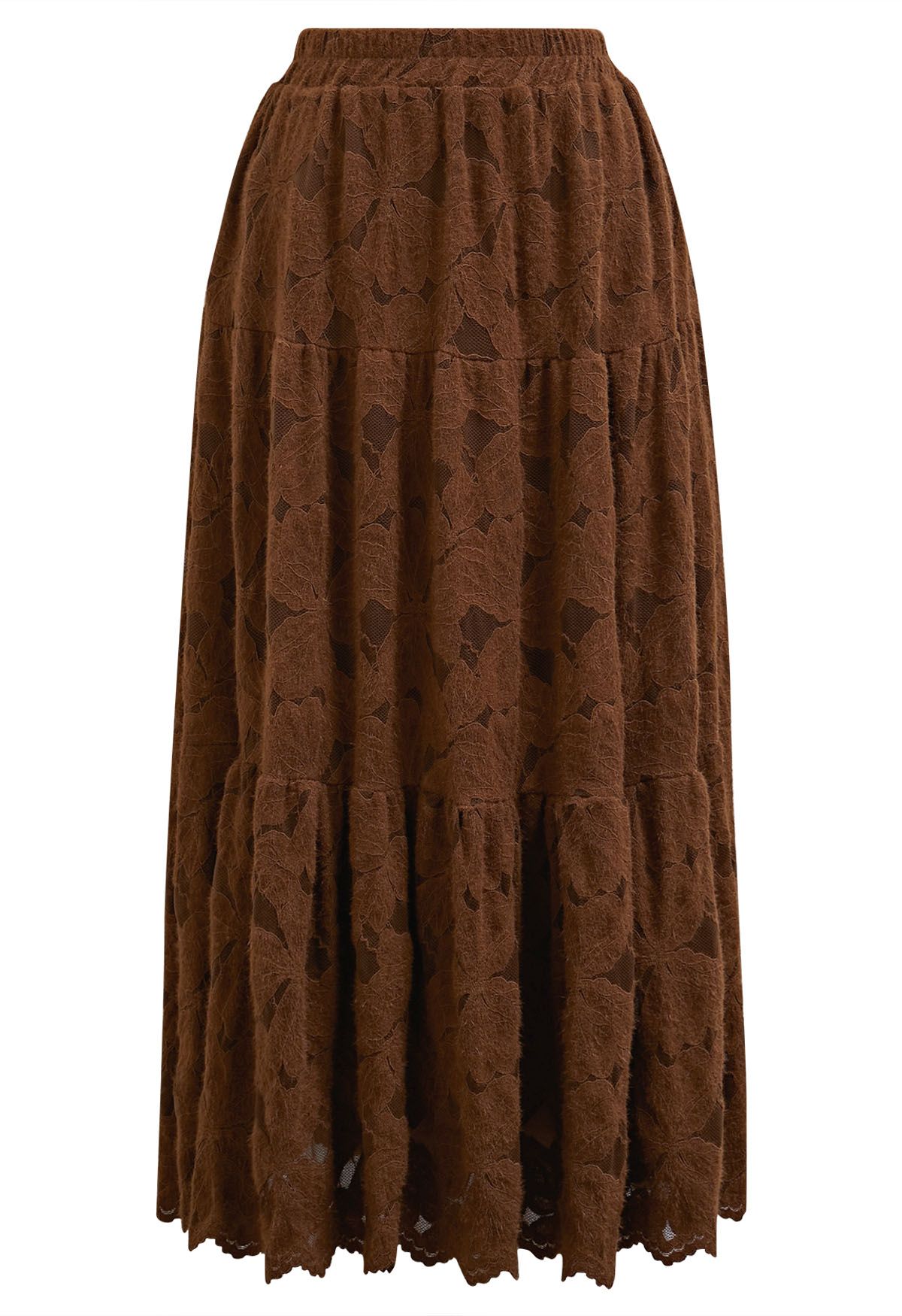 Fuzzy Floral Lace Midi Skirt in Caramel