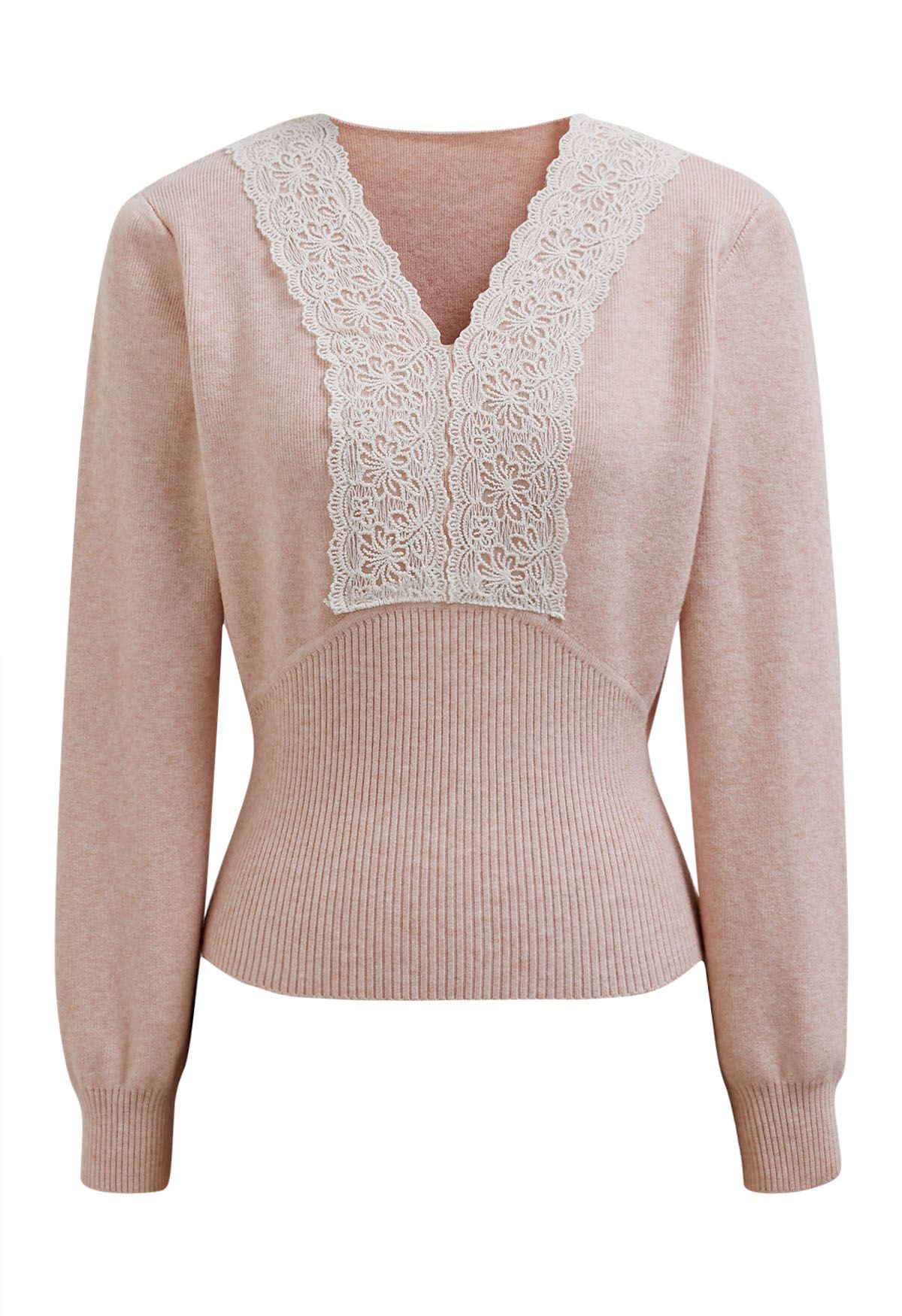 Lace Trim Fitted Knit Top in Dusty Pink