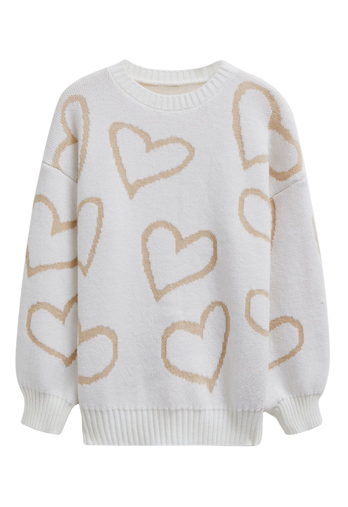 Lovable Heart Crew Neck Knit Sweater in White