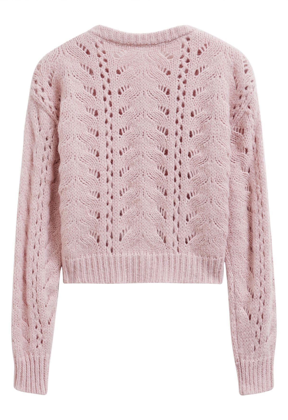 Heart Button Hollow Out Crop Knit Cardigan in Pink