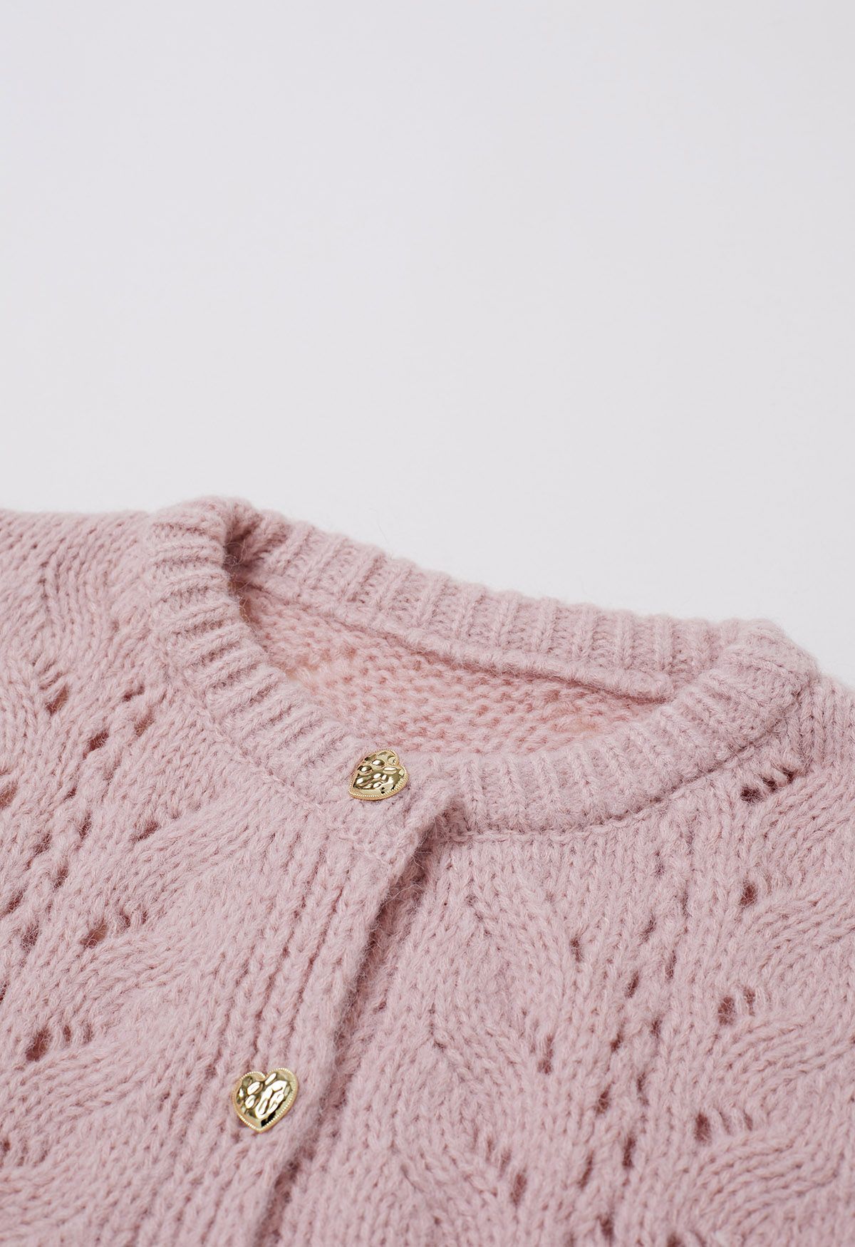 Heart Button Hollow Out Crop Knit Cardigan in Pink