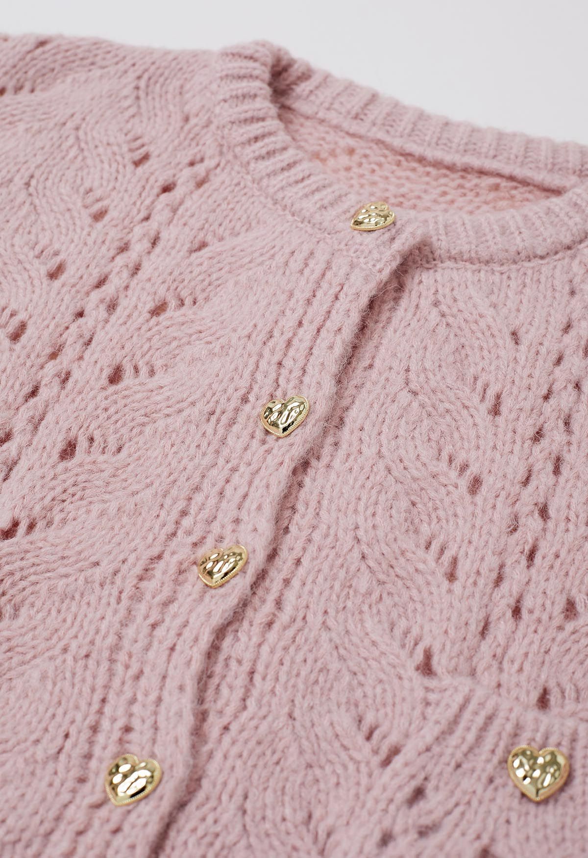 Heart Button Hollow Out Crop Knit Cardigan in Pink