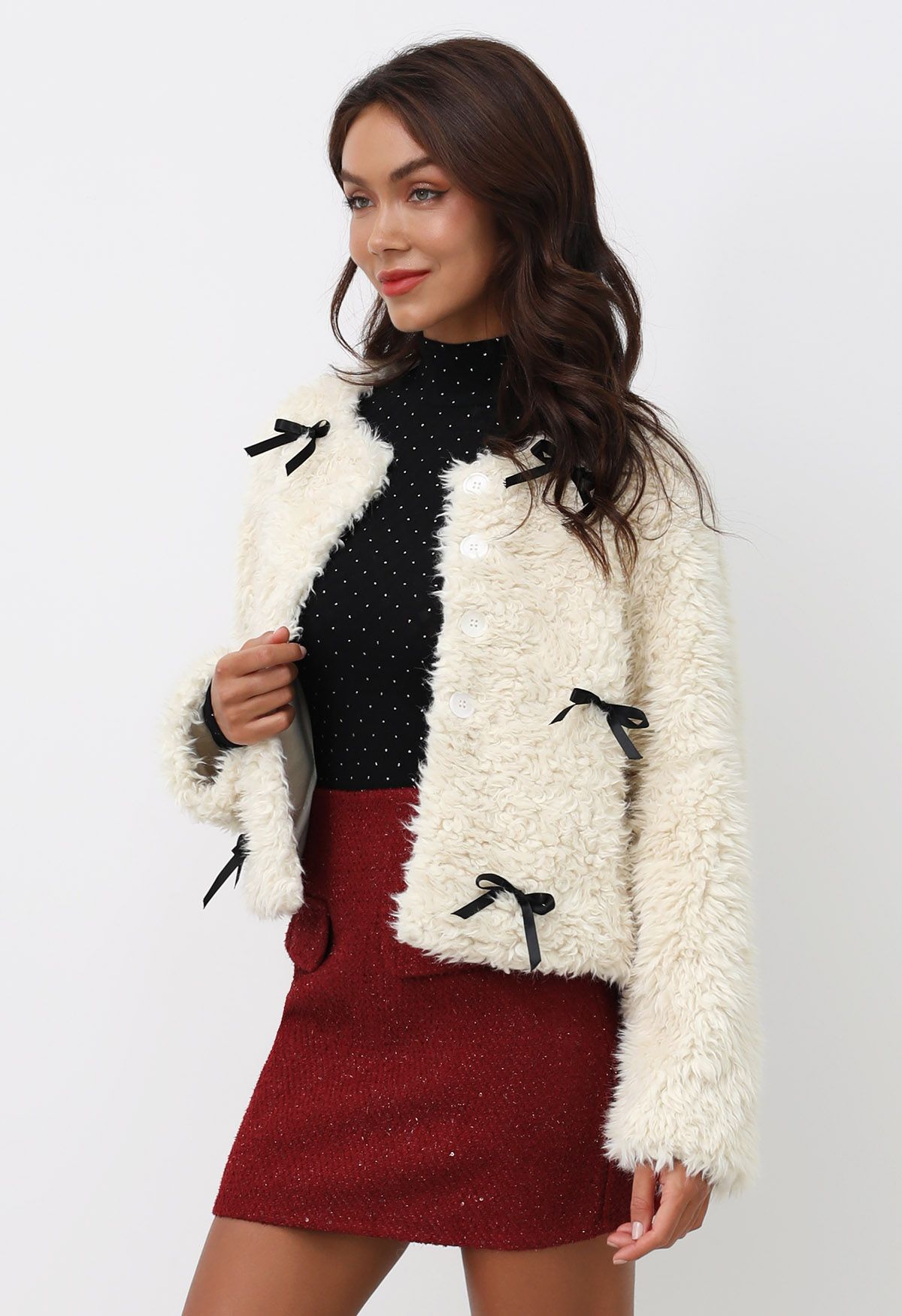 Satin Bowknot Detail Faux Fur Coat in Ivory