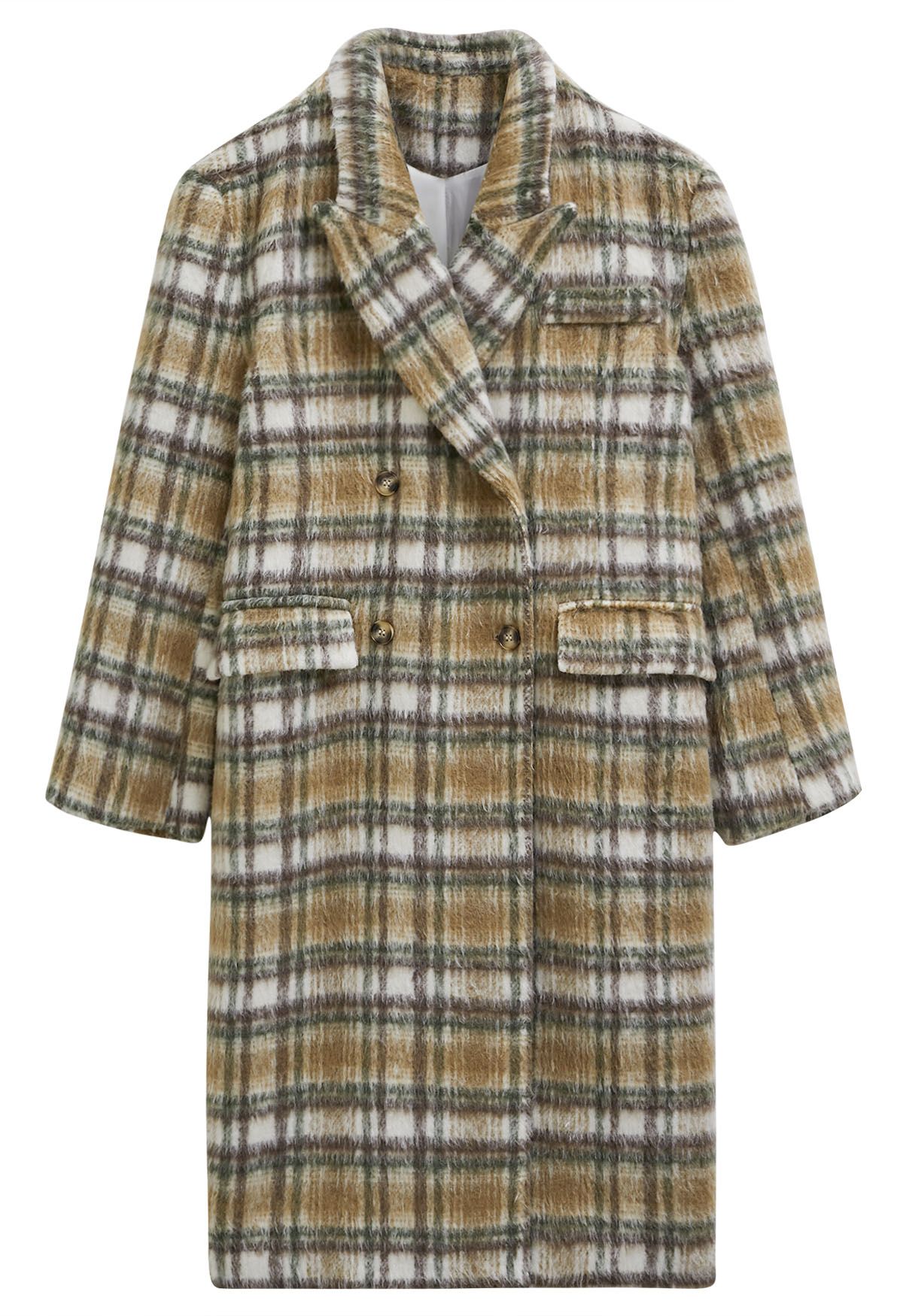 Peak Lapel Buttoned Plaid Fuzzy Coat in Camel