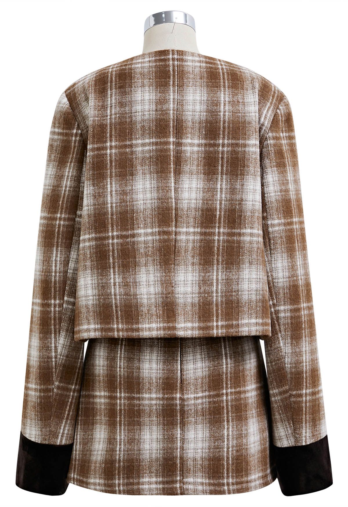 Velvet Side Bowknot Plaid Coat and Mini Skirt Set