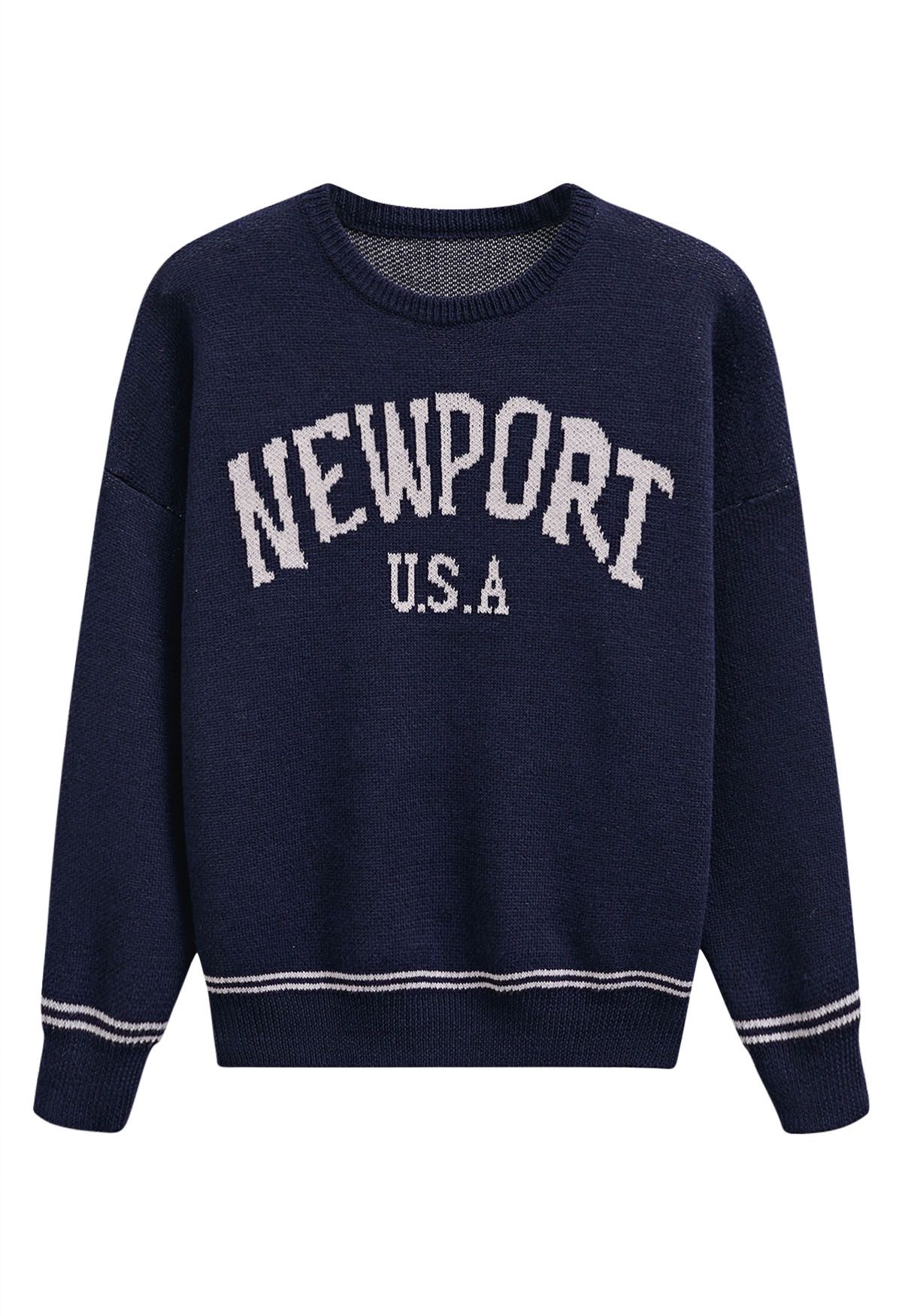 Newport Letter Crew Neck Oversized Knit Sweater in Navy