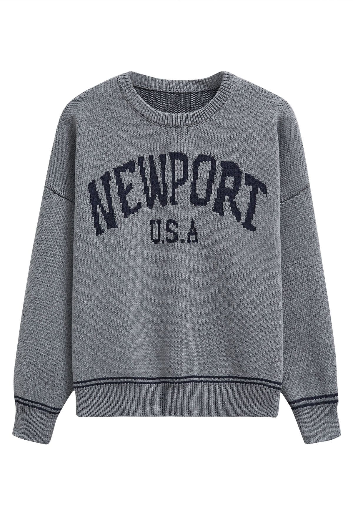 Newport Letter Crew Neck Oversized Knit Sweater in Grey