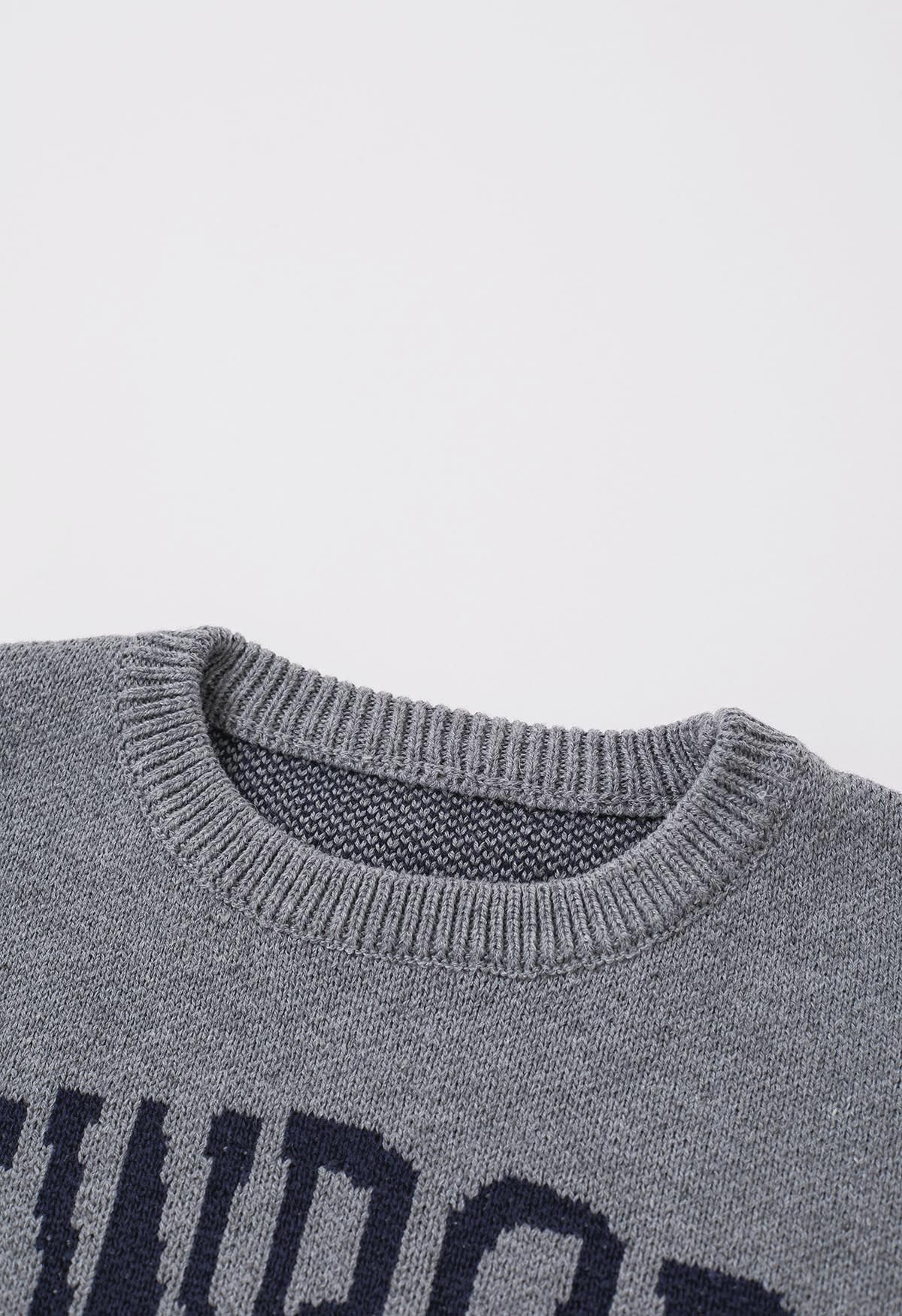 Newport Letter Crew Neck Oversized Knit Sweater in Grey