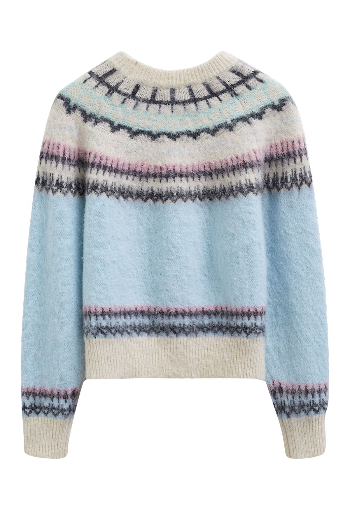 Multicolored Fair Isle Fuzzy Knit Sweater in Baby Blue