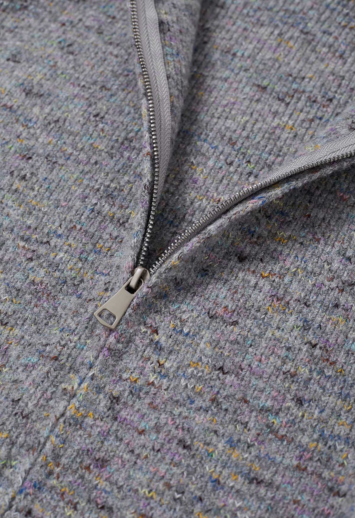 Zipper Drawstring Hooded Confetti Knit Cardigan in Grey