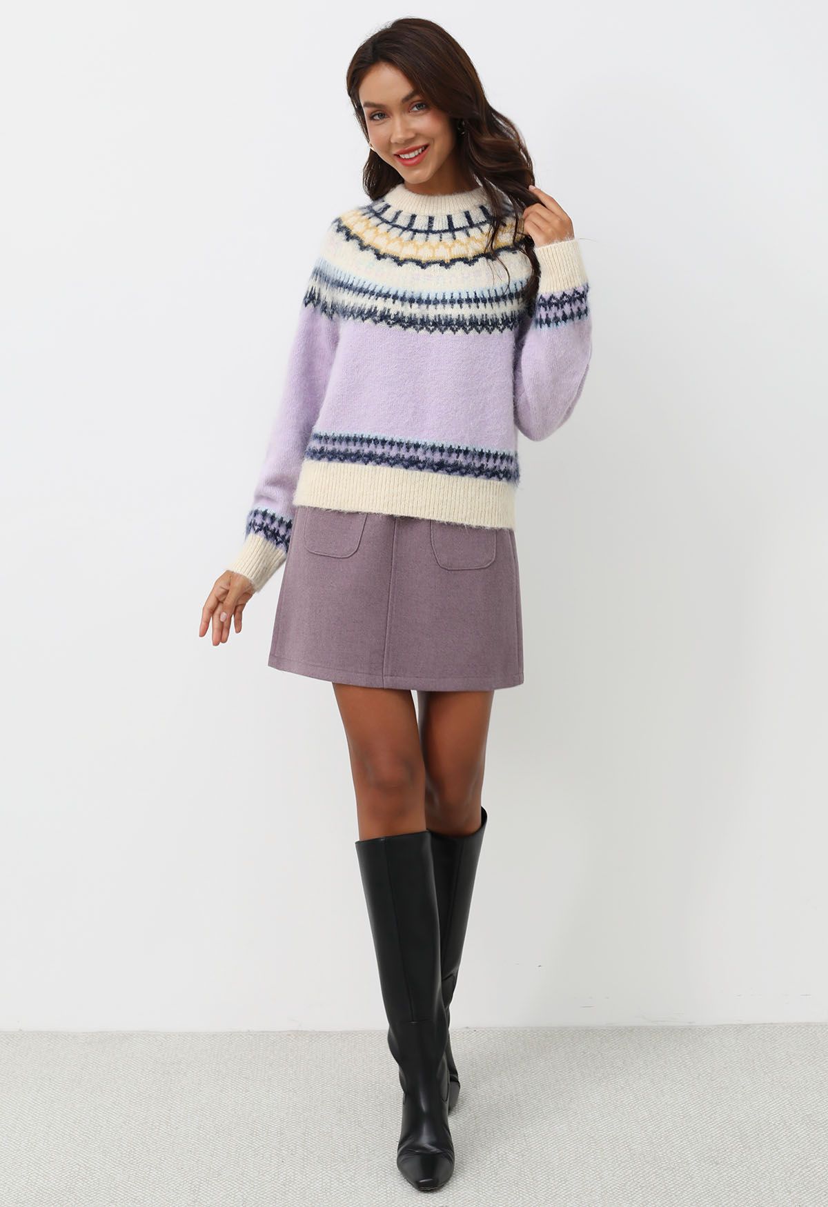 Multicolored Fair Isle Fuzzy Knit Sweater in Lilac