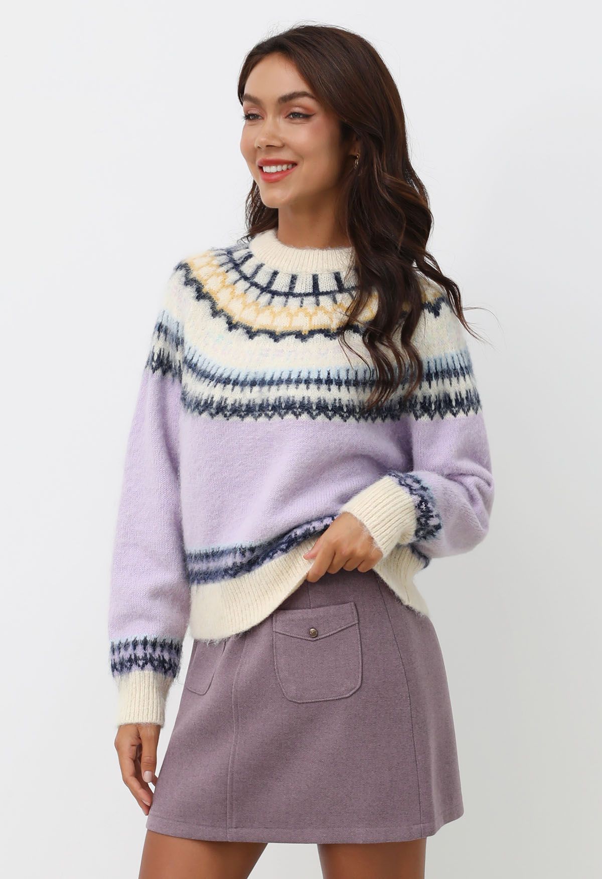 Multicolored Fair Isle Fuzzy Knit Sweater in Lilac