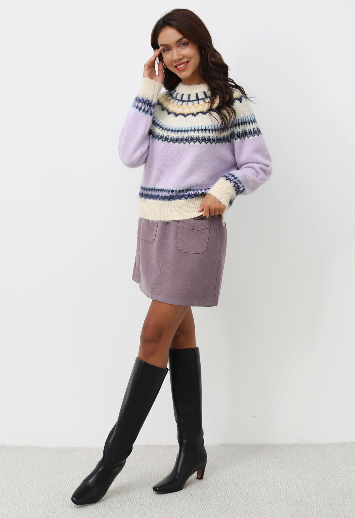 Multicolored Fair Isle Fuzzy Knit Sweater in Lilac