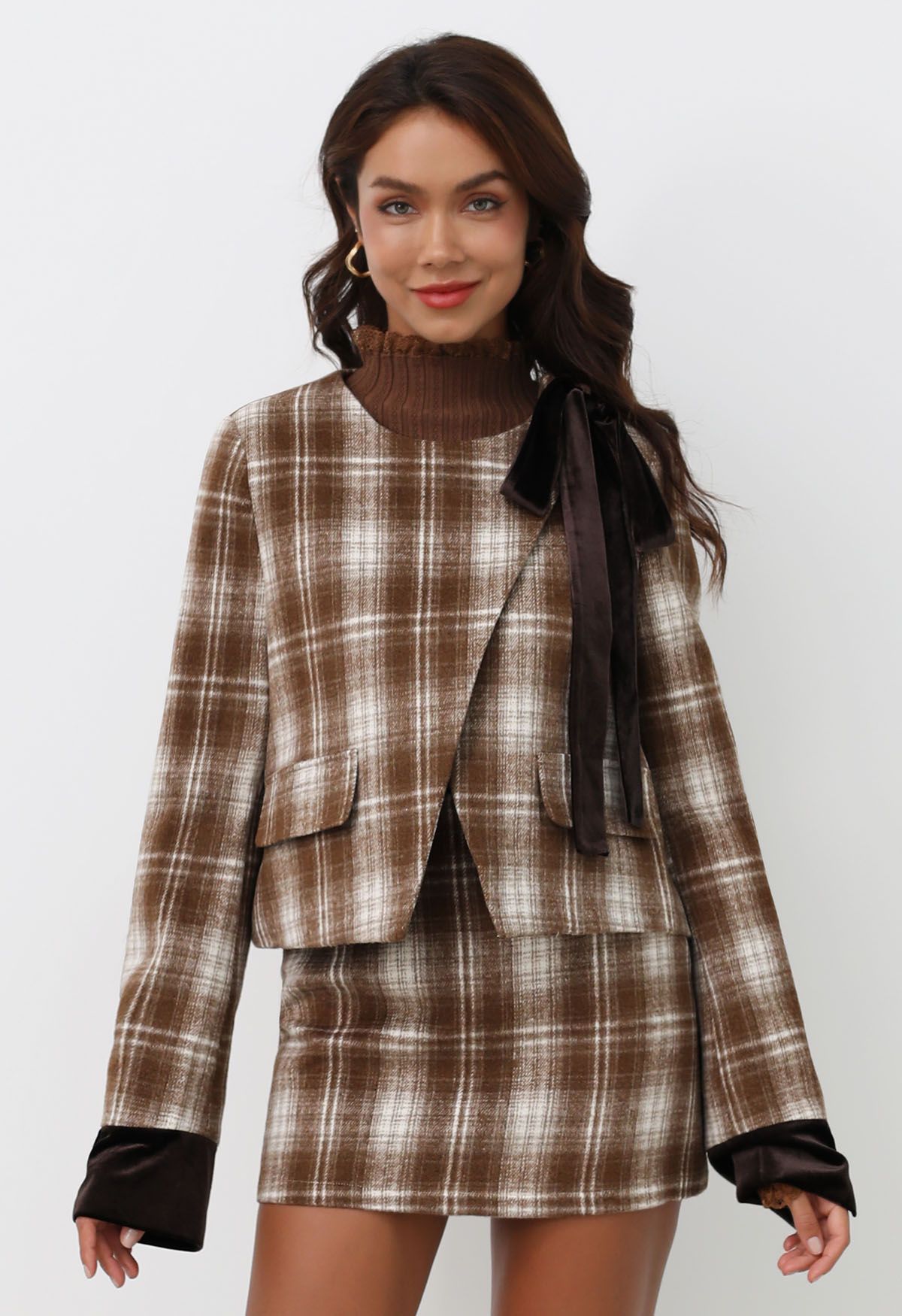 Velvet Side Bowknot Plaid Coat and Mini Skirt Set