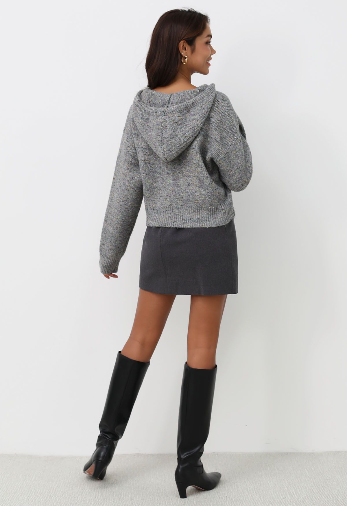 Zipper Drawstring Hooded Confetti Knit Cardigan in Grey