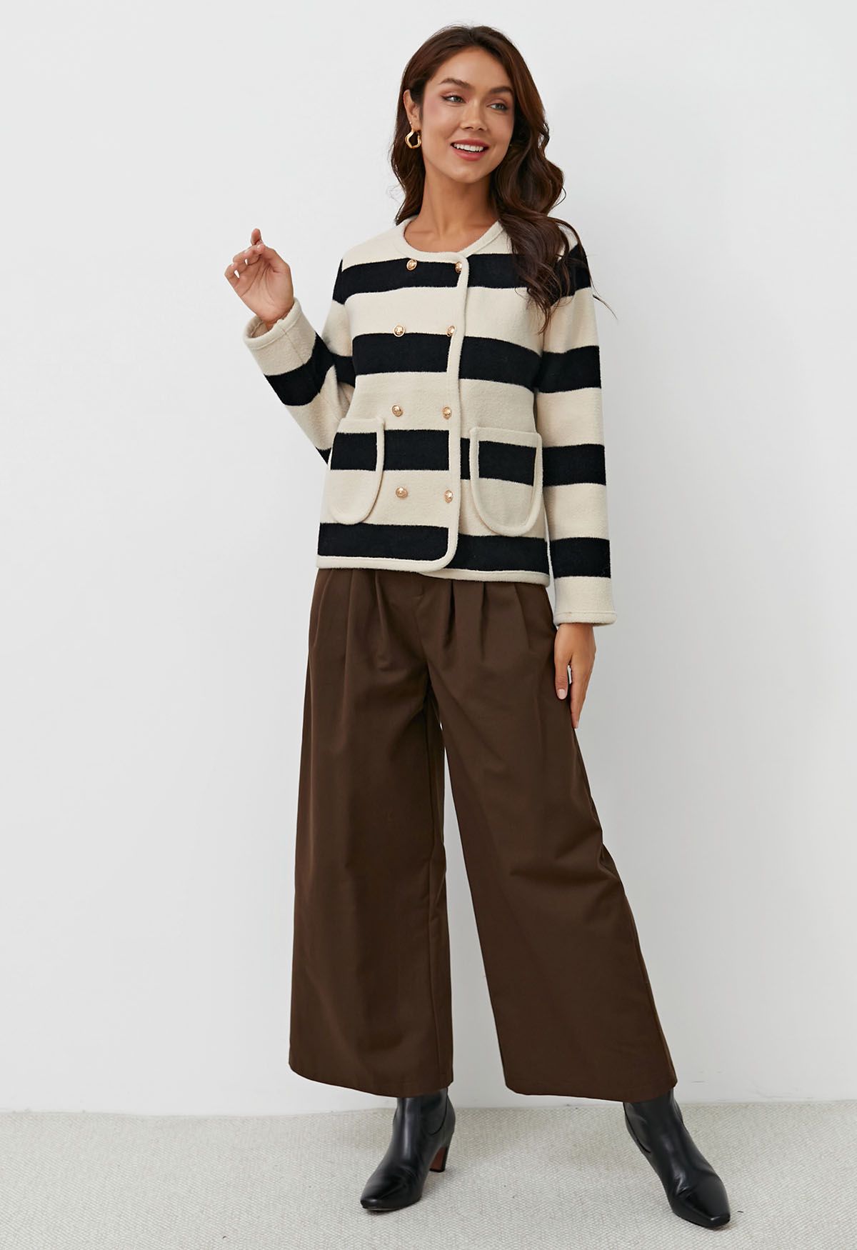 Modern Look Side Pocket Pleats Palazzo Pants in Brown