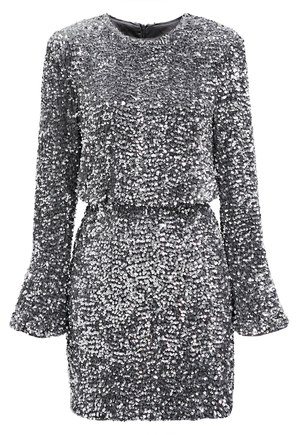 Glistening Silver Sequins Flare Cuffs Velvet Bodycon Dress