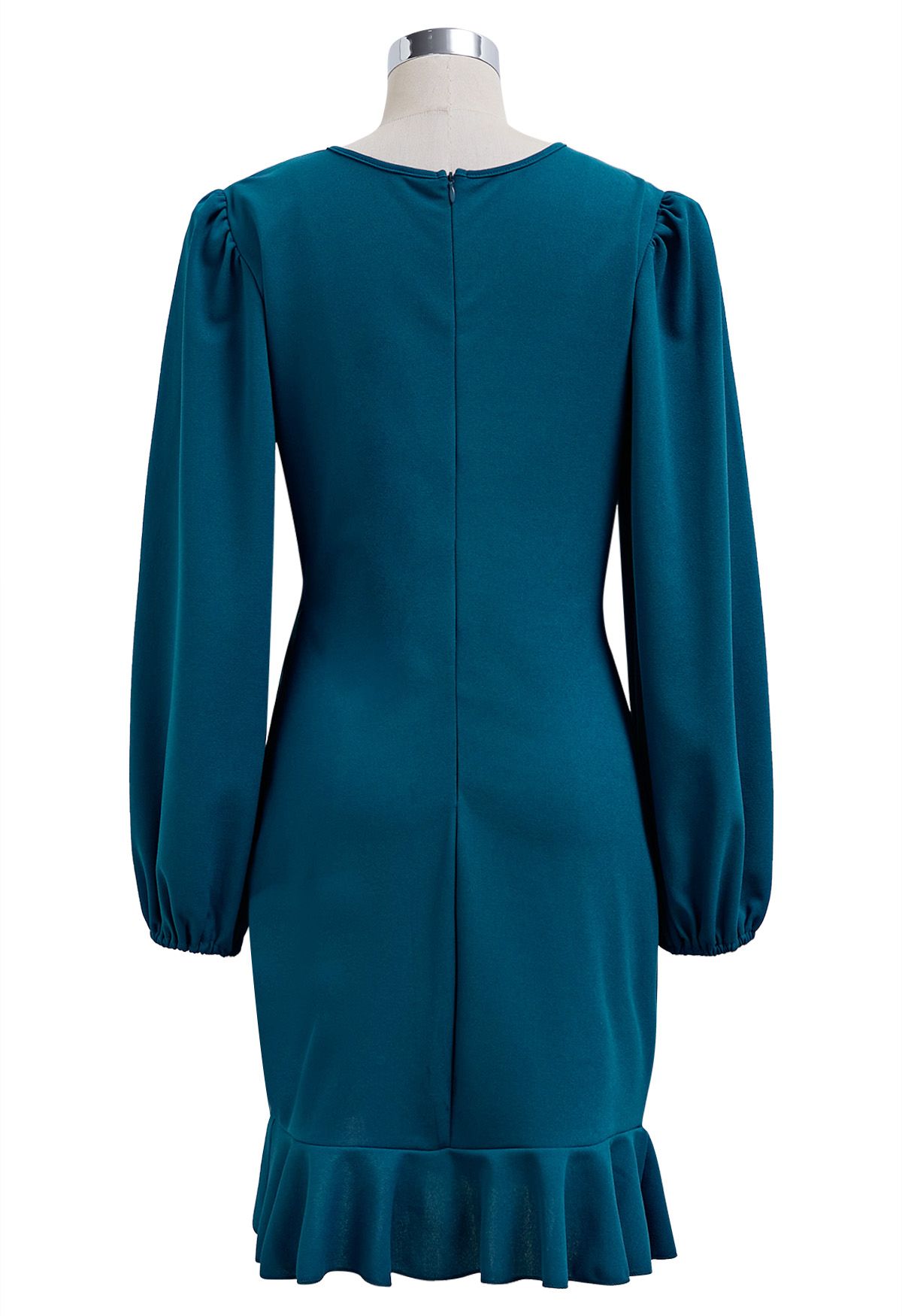 Ruched Side Ruffle Tulip Mini Dress in Teal