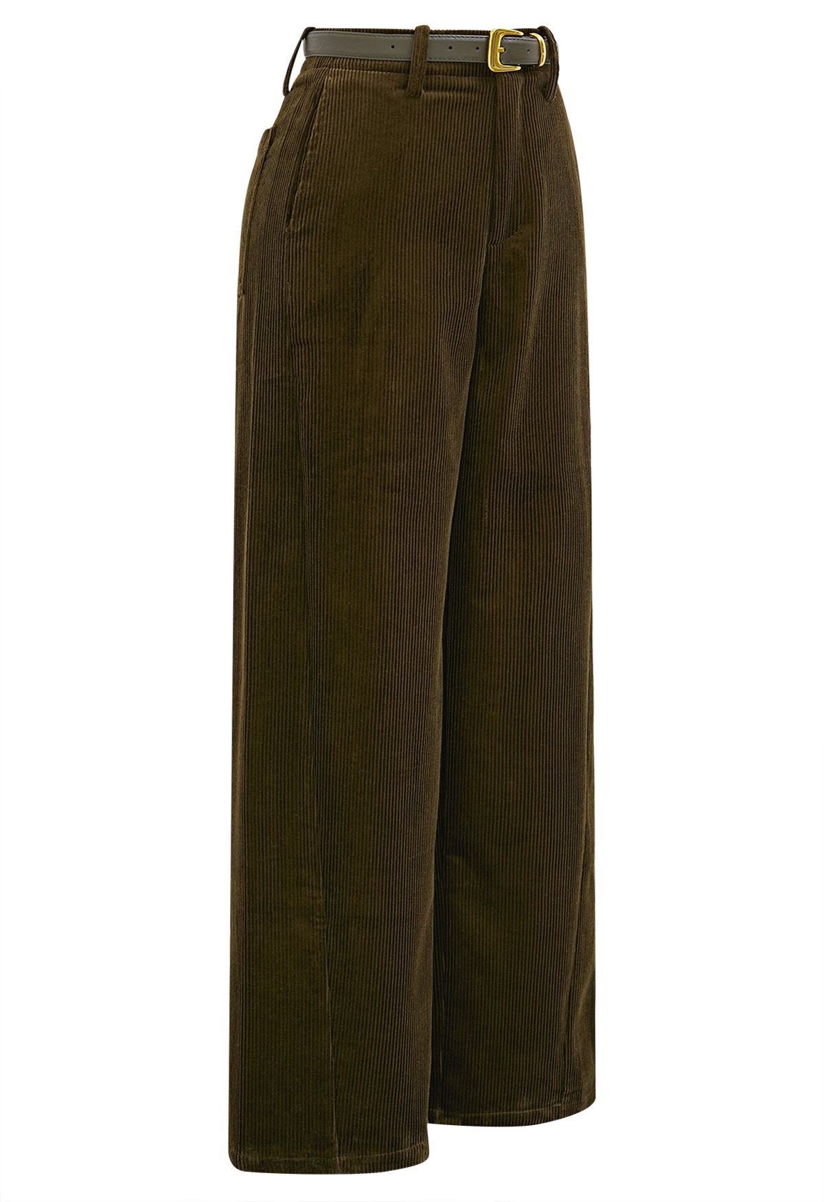 Sturdy Corduroy Belted Straight-Leg Pants in Army Green