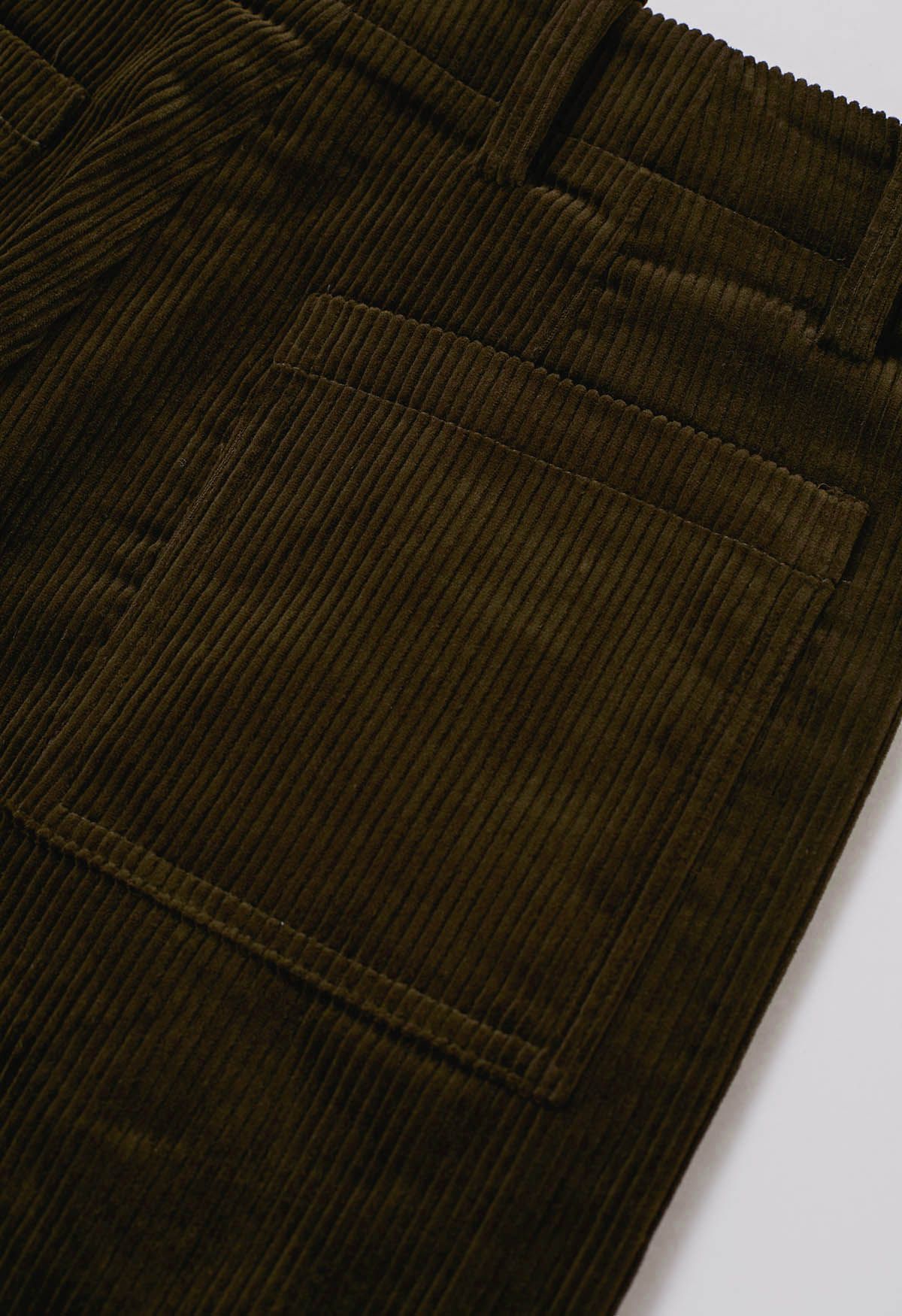 Sturdy Corduroy Belted Straight-Leg Pants in Army Green