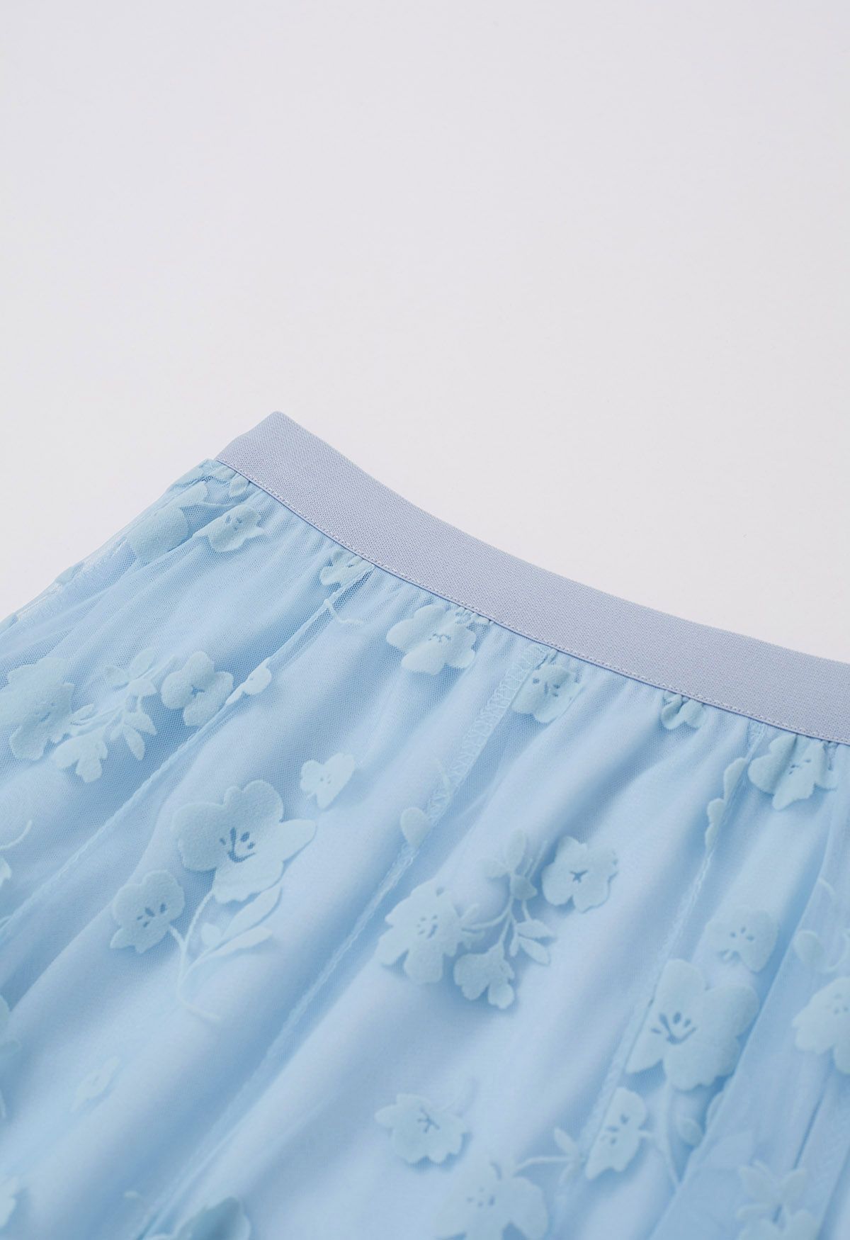 3D Posy Double-Layered Mesh Midi Skirt in Baby Blue