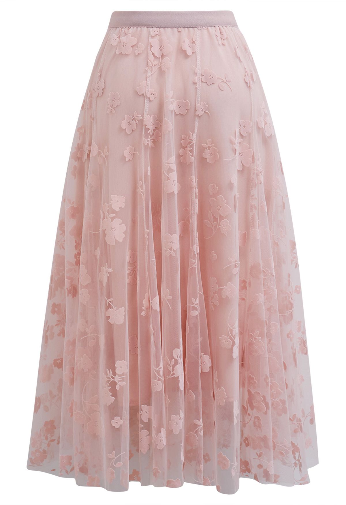 3D Posy Double-Layered Mesh Midi Skirt in Pink