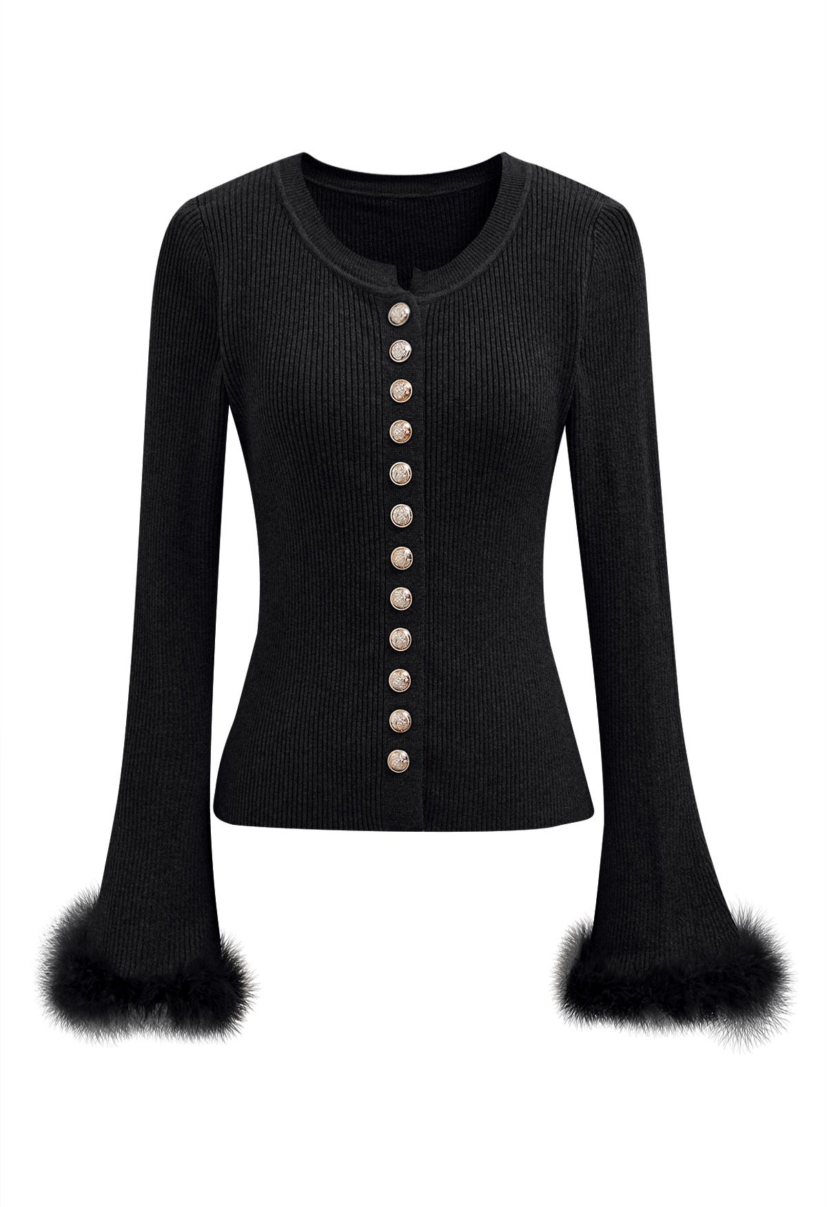 Feather Trim Cuff Golden Button Knit Top in Black