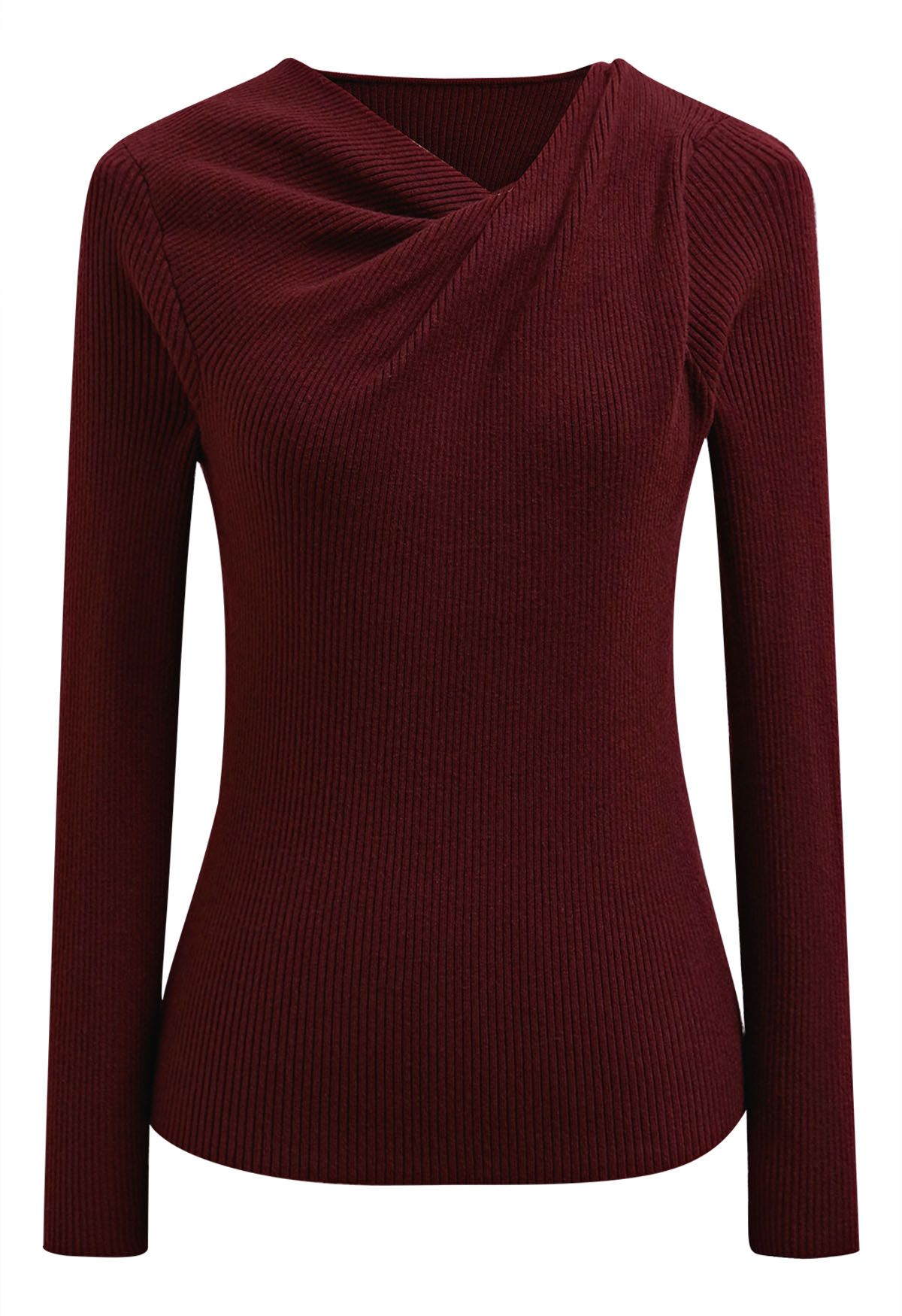 Twist Neckline Ribbed Knit Top in Burgundy