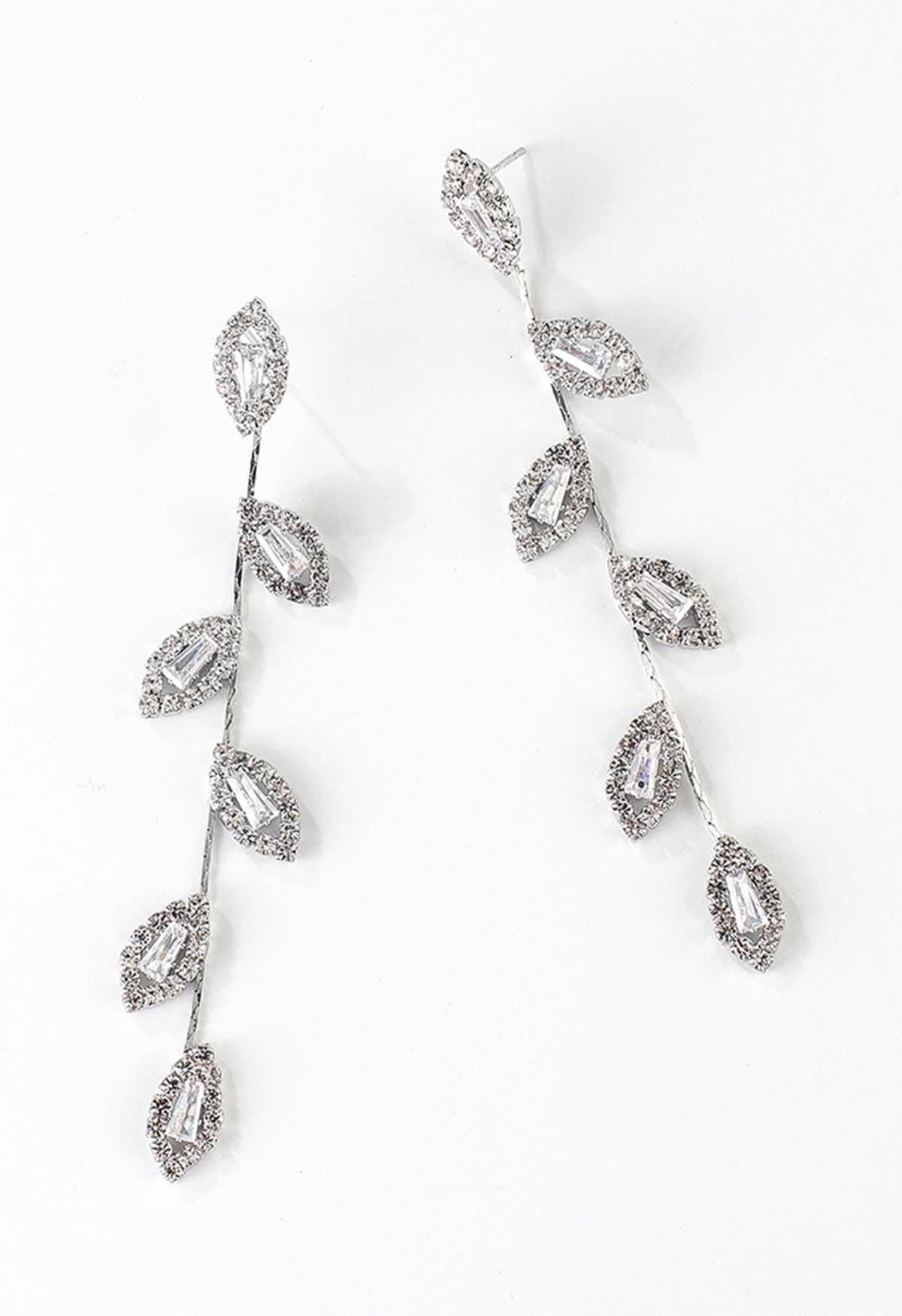 Leaves and Branches Rhinestone Drop Earrings in Silver