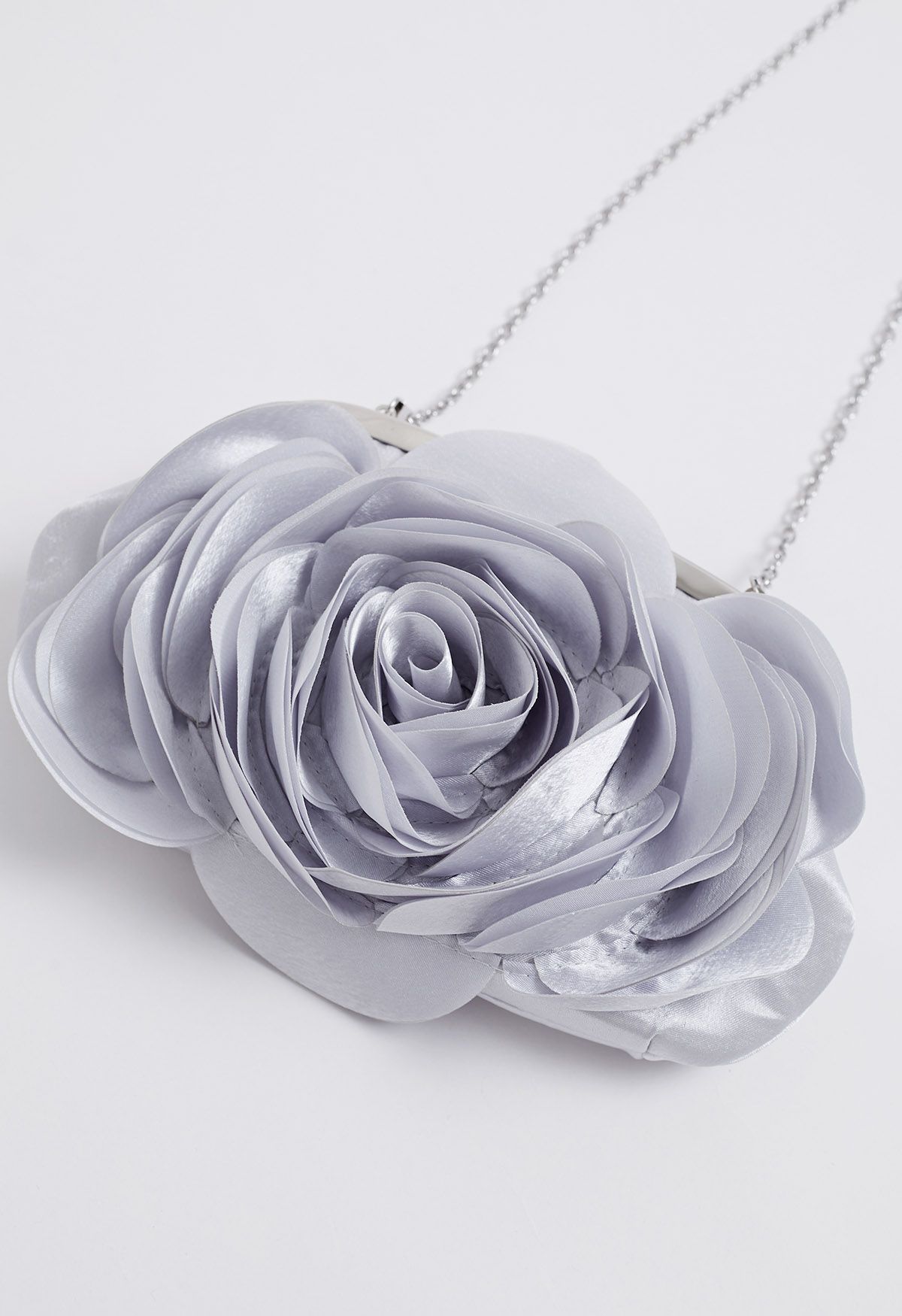 3D Rose Petal Satin Clutch in Silver