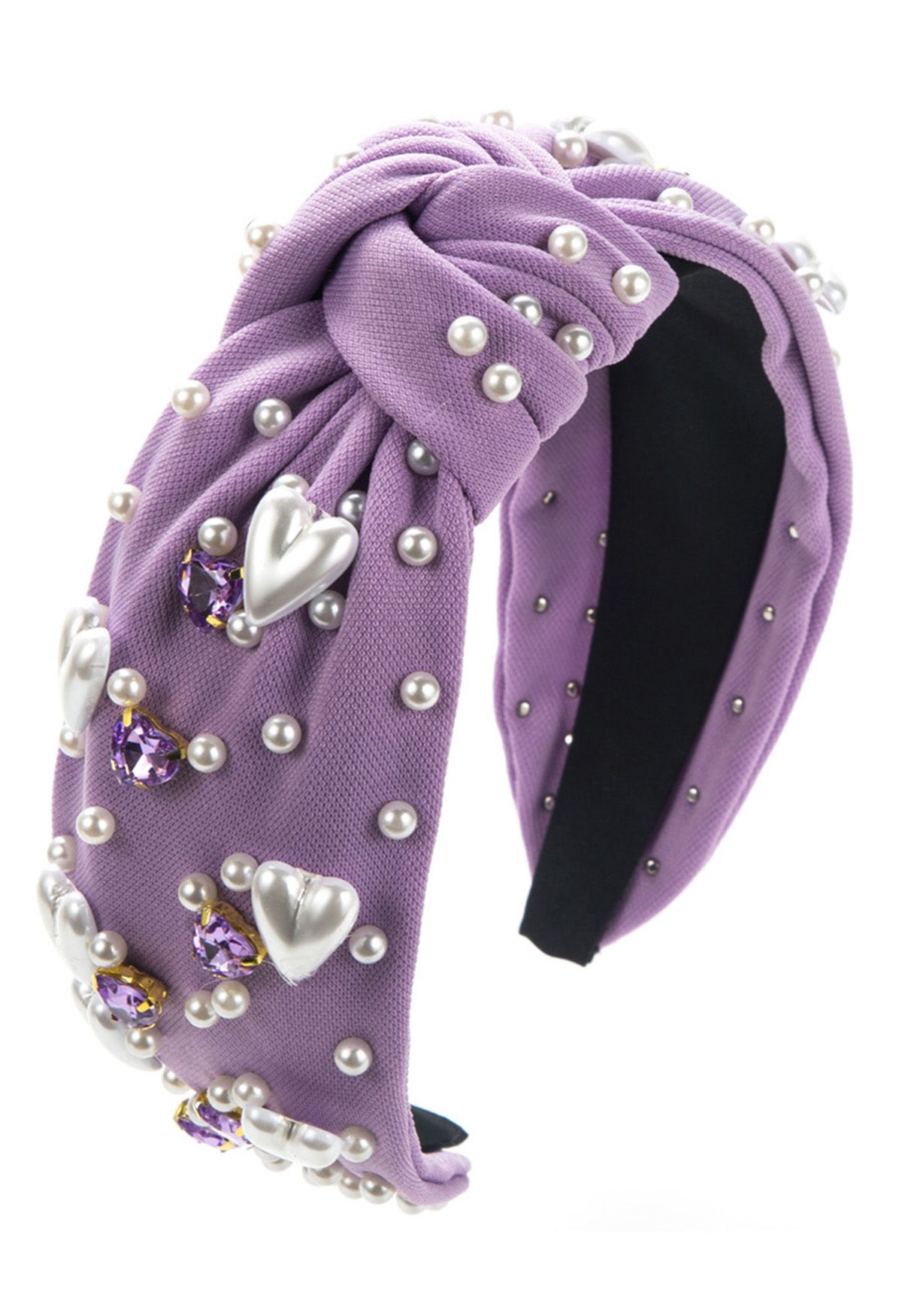 Heart Rhinestone Pearl Knotted Headband in Purple