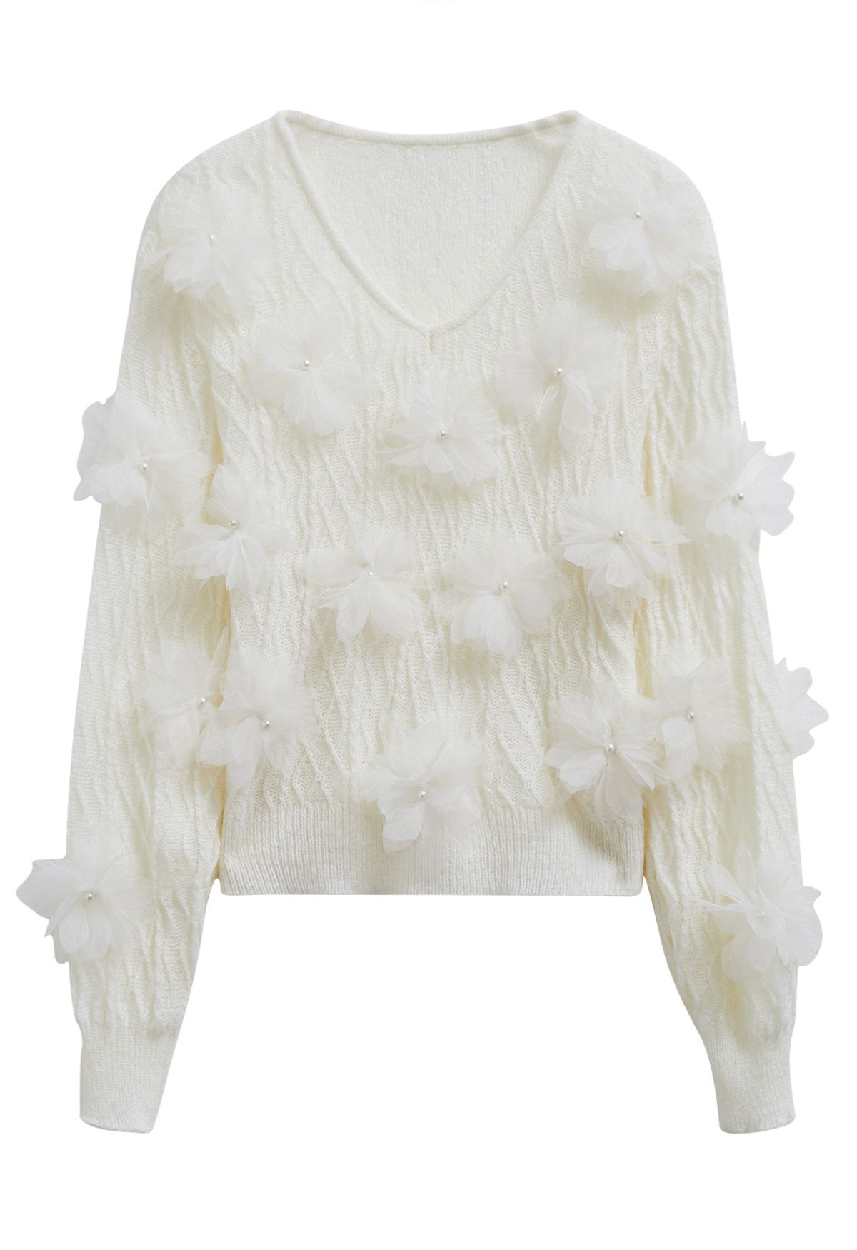 3D Pearl Mesh Flower Embellished Knit Top in White