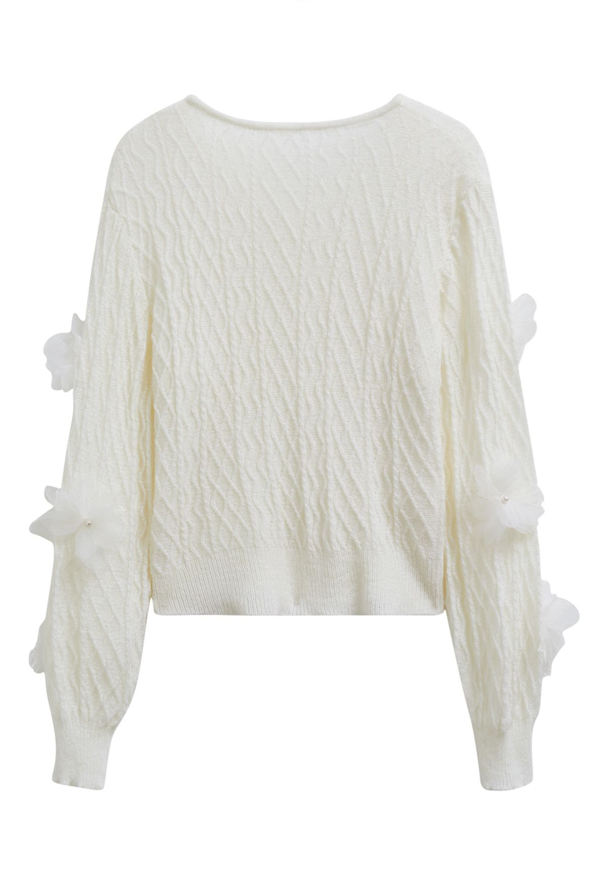 3D Pearl Mesh Flower Embellished Knit Top in White