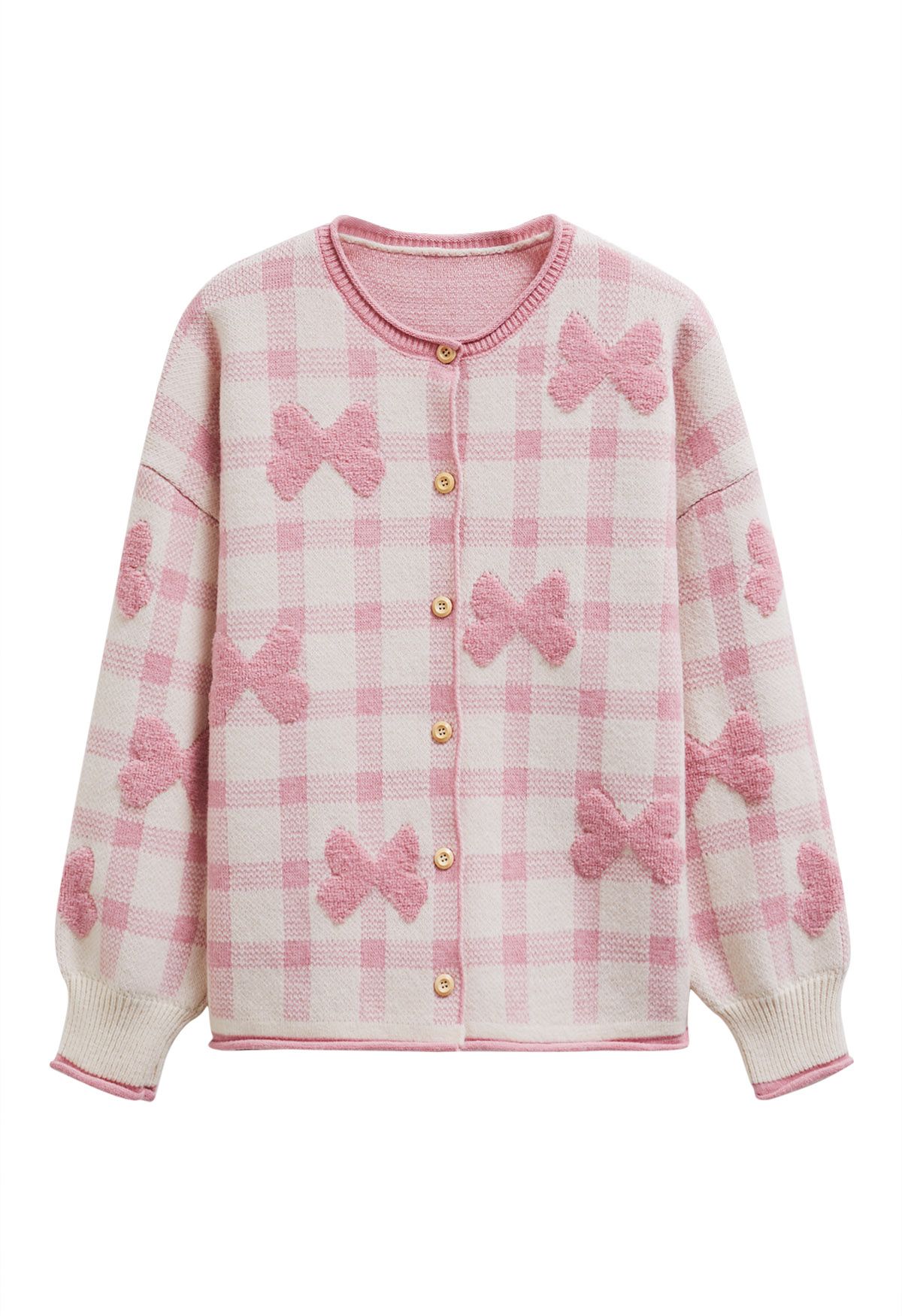 Bowknot Jacquard Check Buttoned Knit Cardigan in Pink